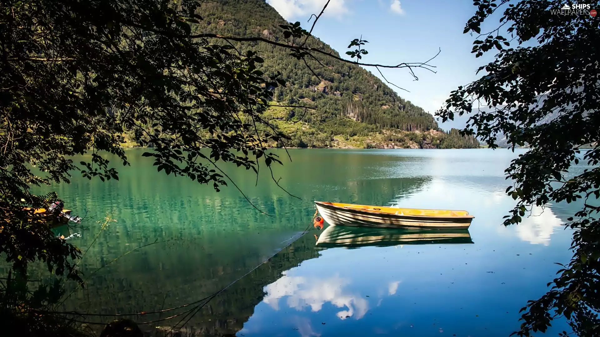 trees, viewes, Boat, Mountains, lake
