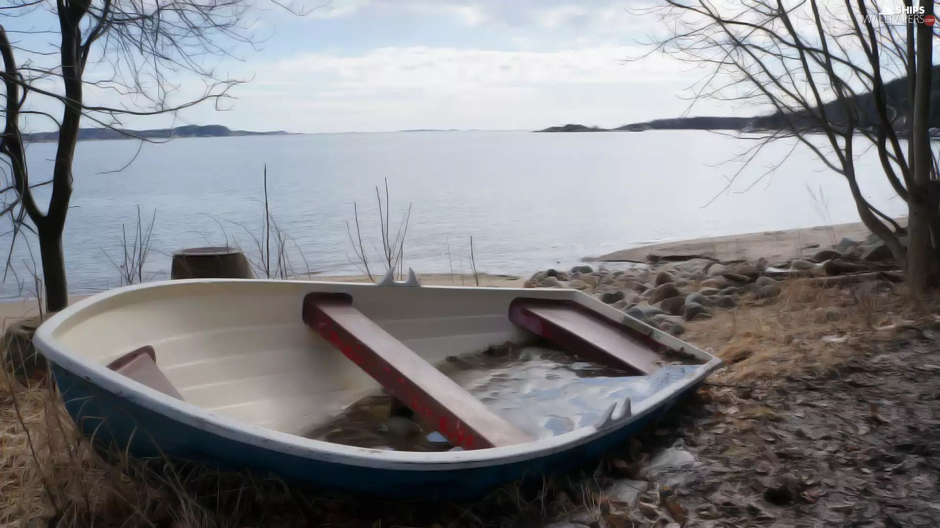 coast, lake, trees, viewes, Stones, Boat