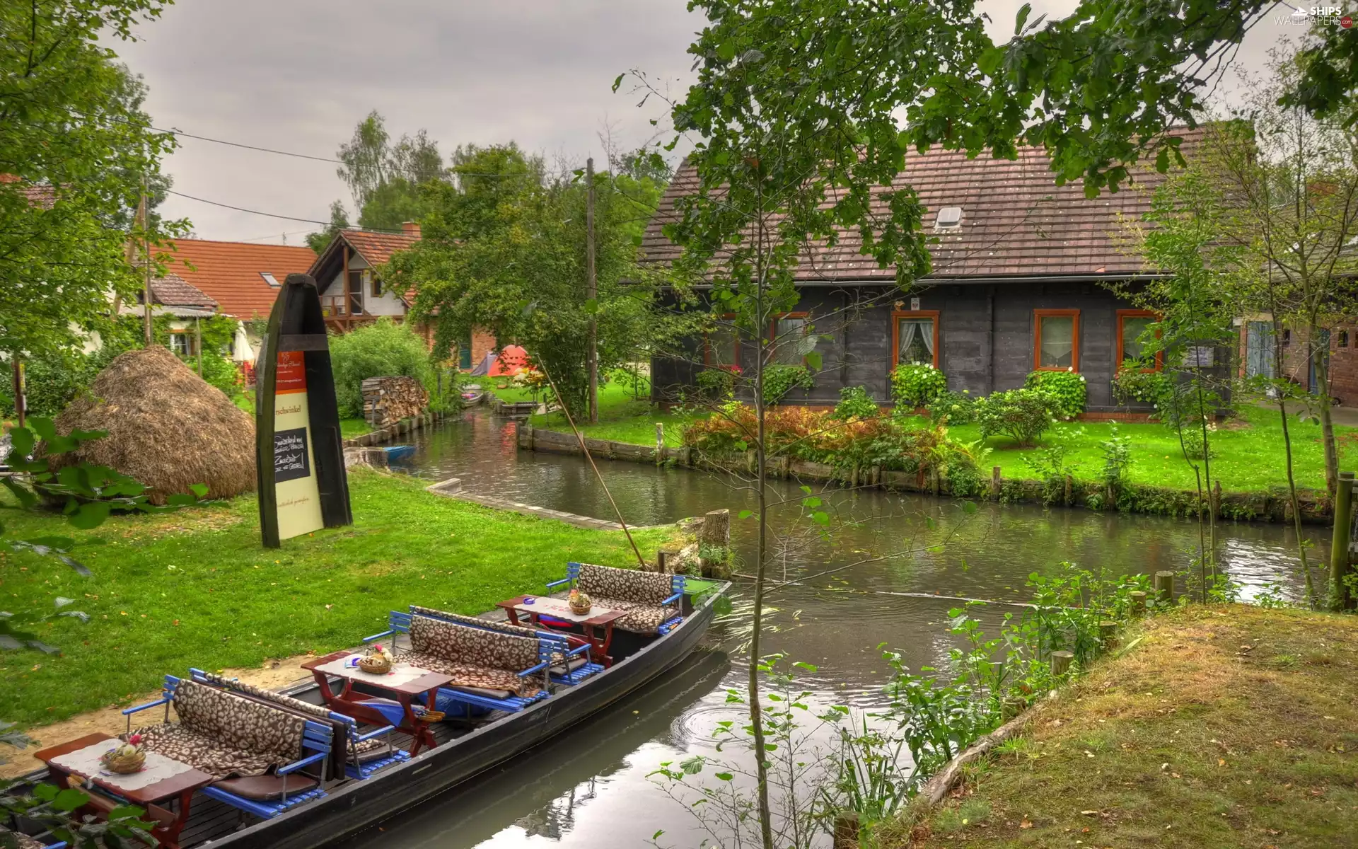 house, canal, trees, viewes, grass, Boat