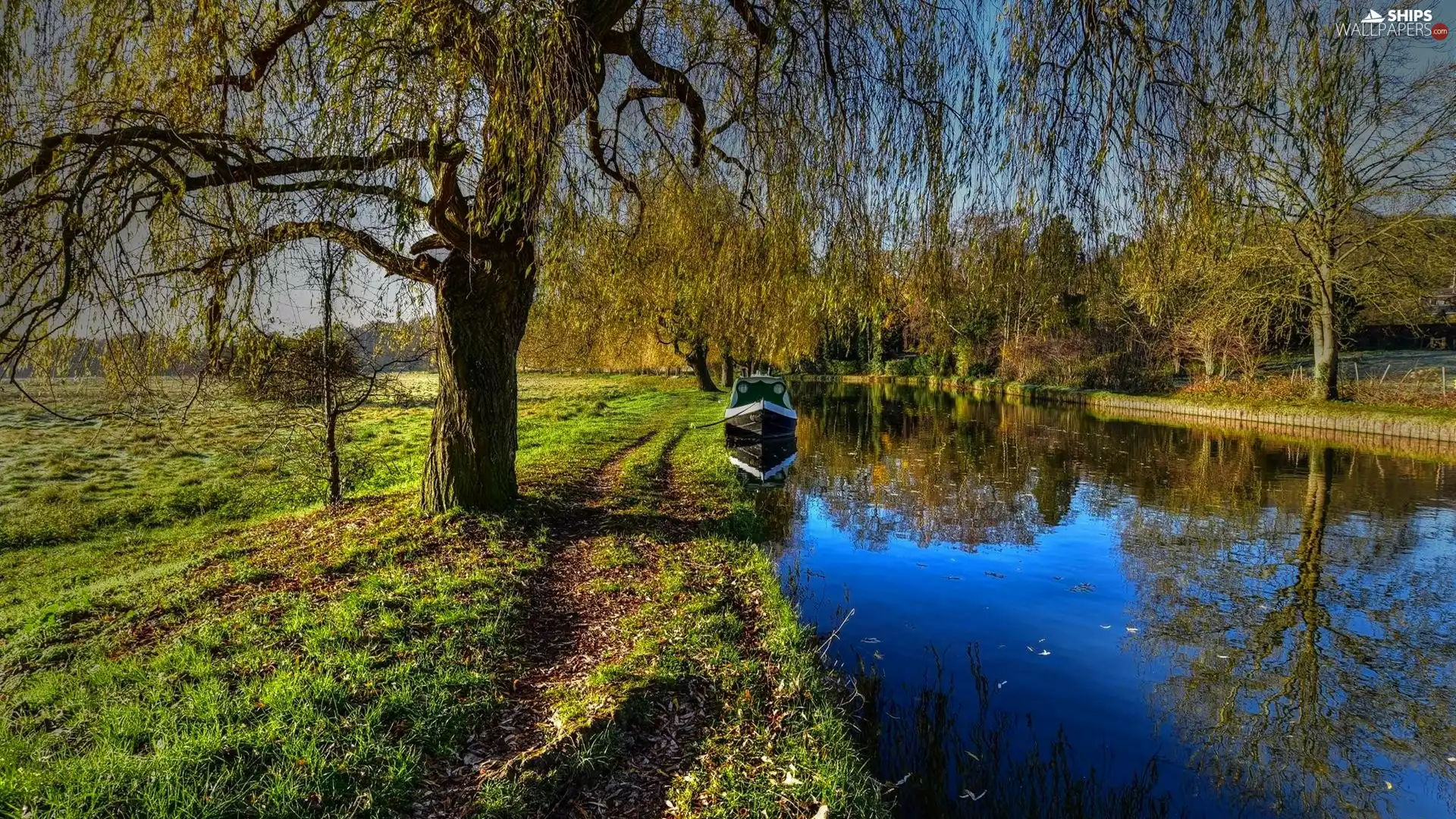 trees, viewes, canal, Boat, Park