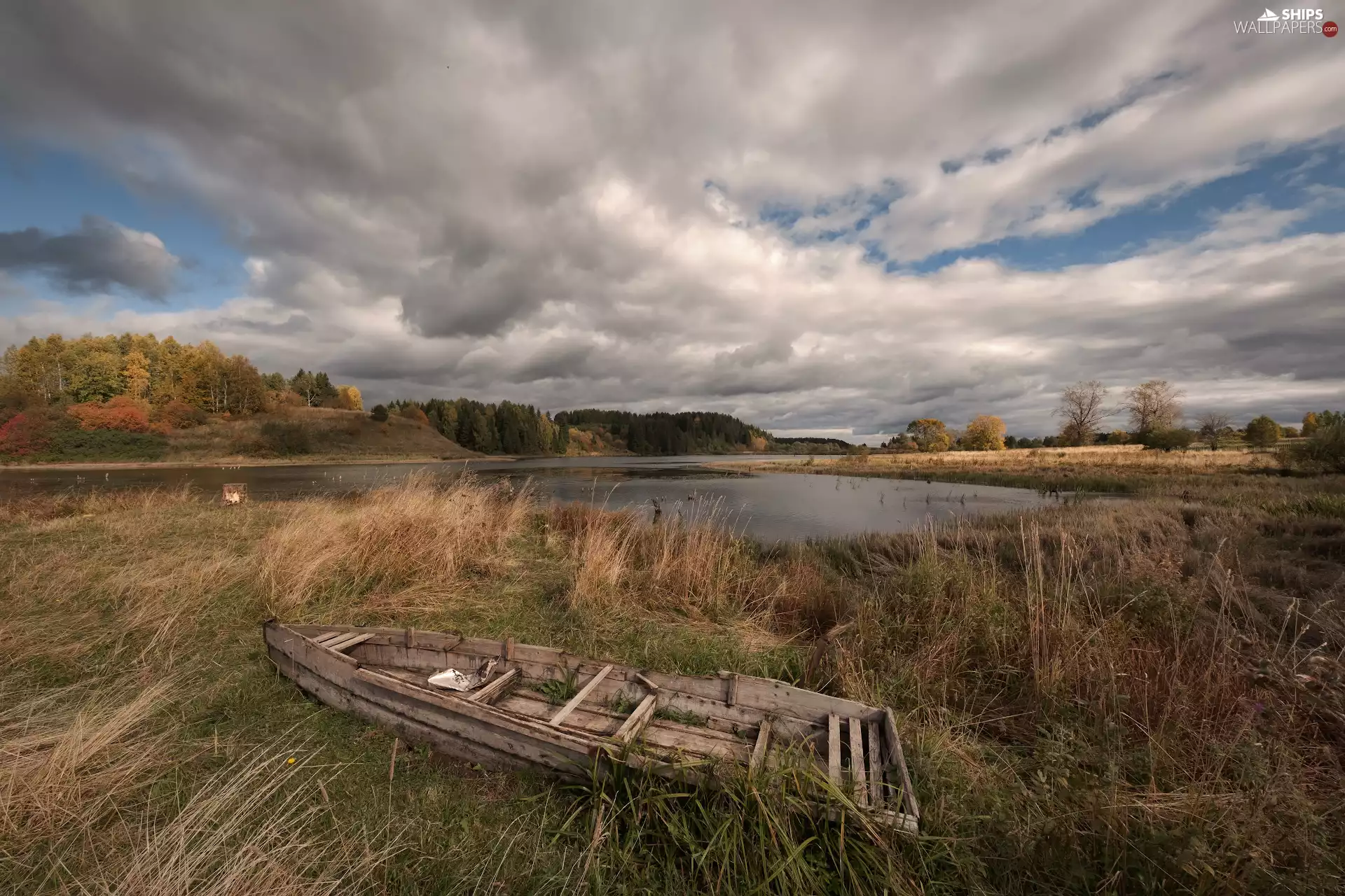 Boat, grass, clouds, trees, autumn, Old, River, viewes