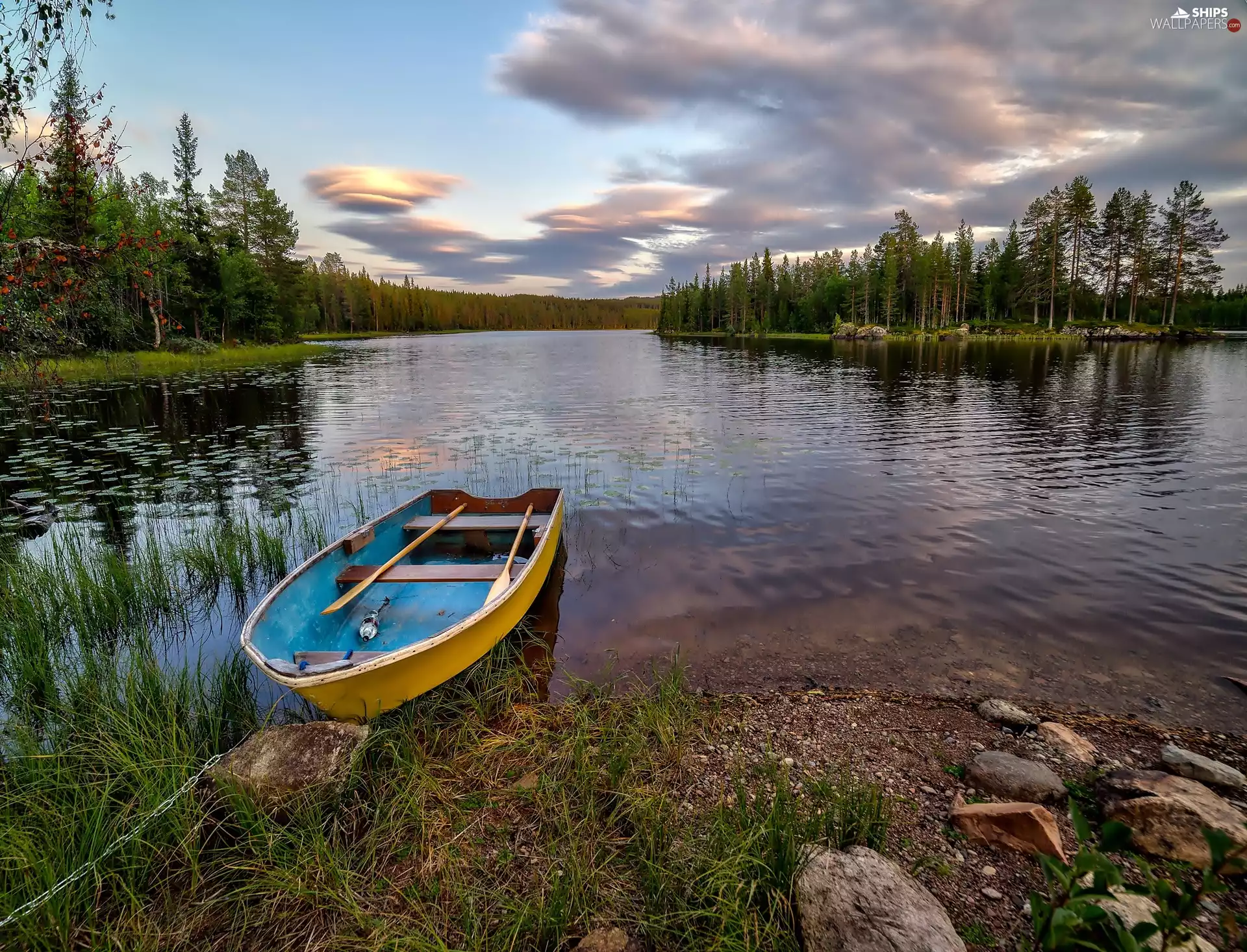 Stones, lake, trees, viewes, Boat, coast