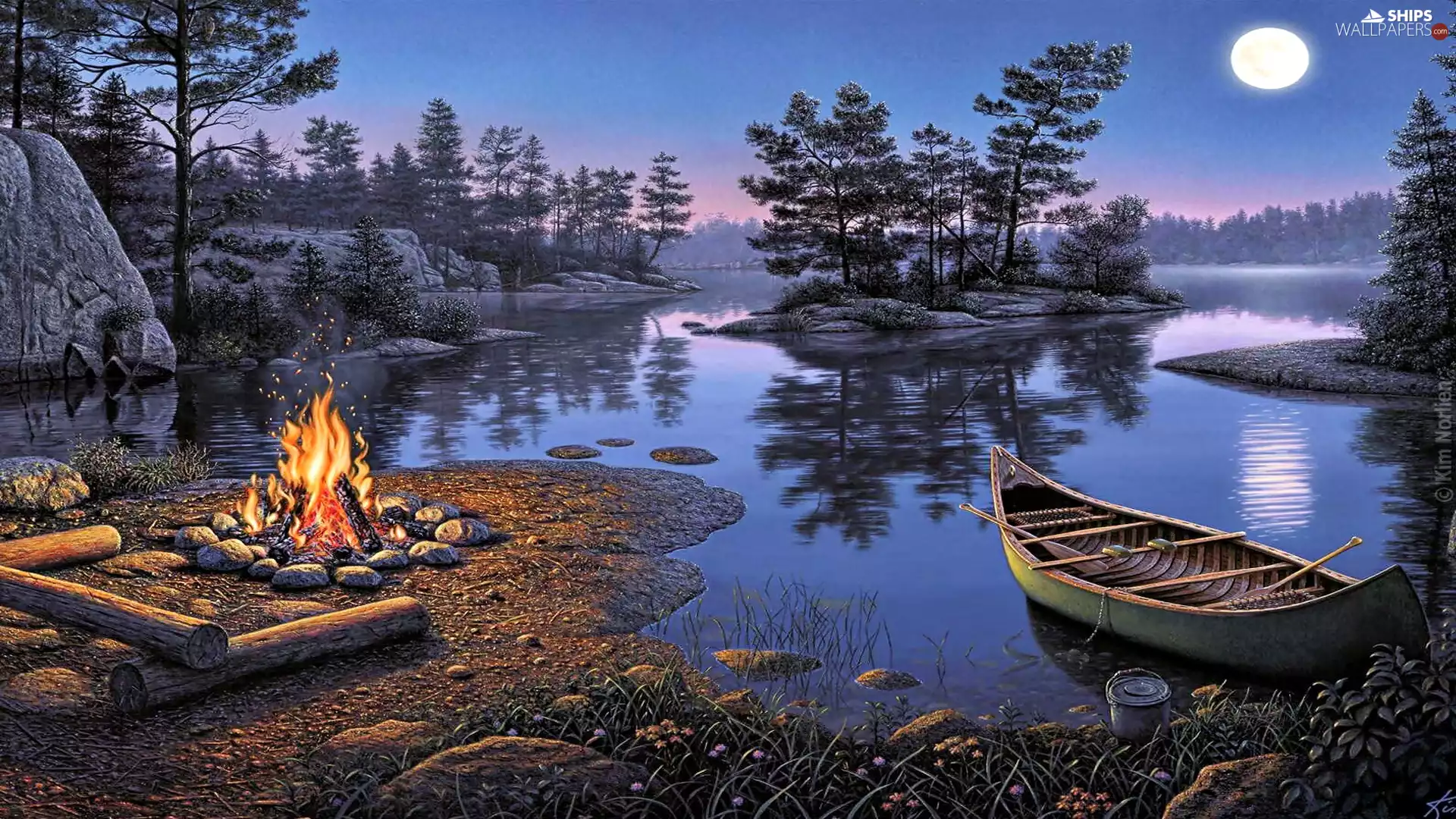 Boat, lake, trees, viewes, moon, fire