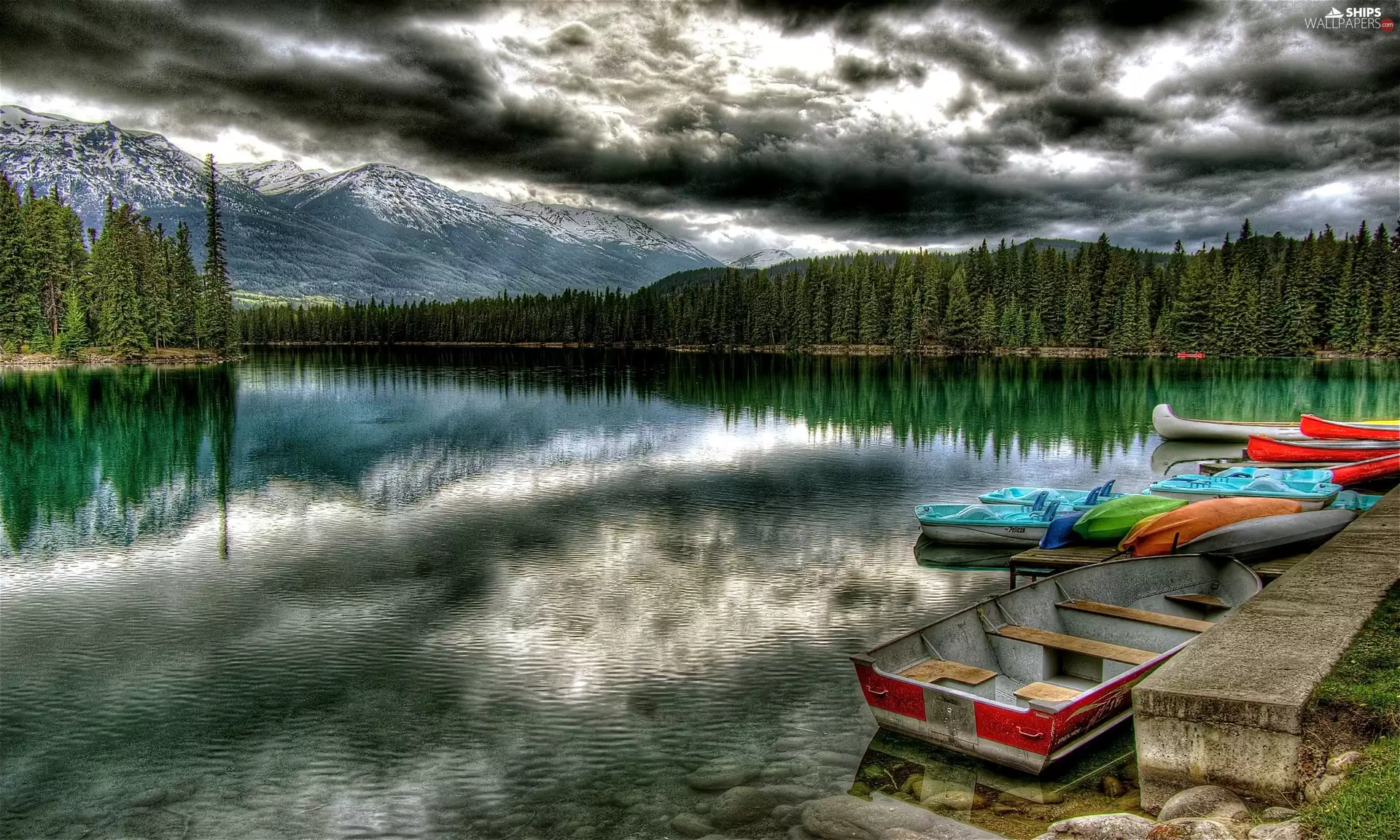 trees, viewes, lake, boats, Mountains