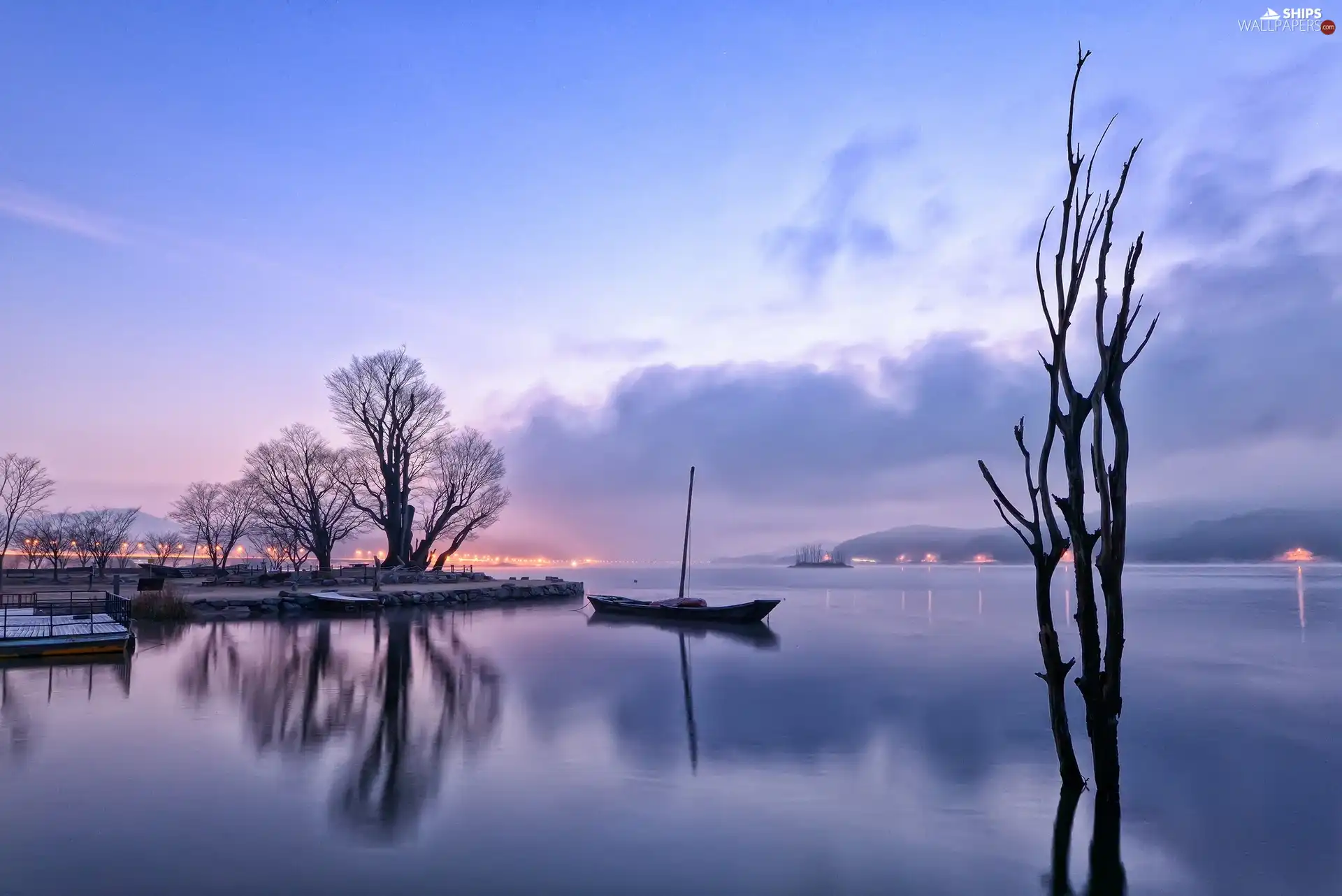 trees, Mountains, Dusk, Lodz, lake, viewes, light