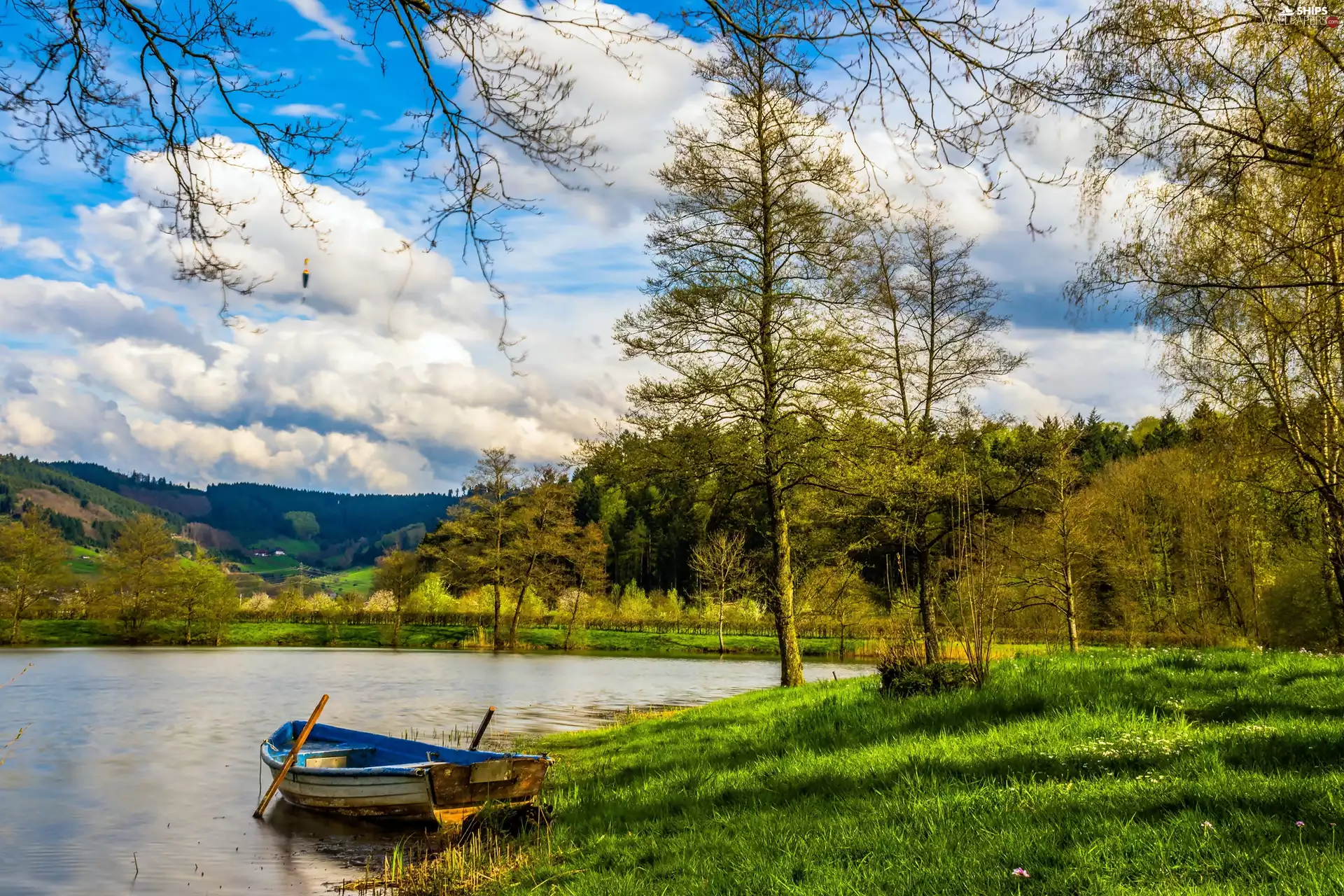 lake, Boat, trees, viewes, forest, Mountains