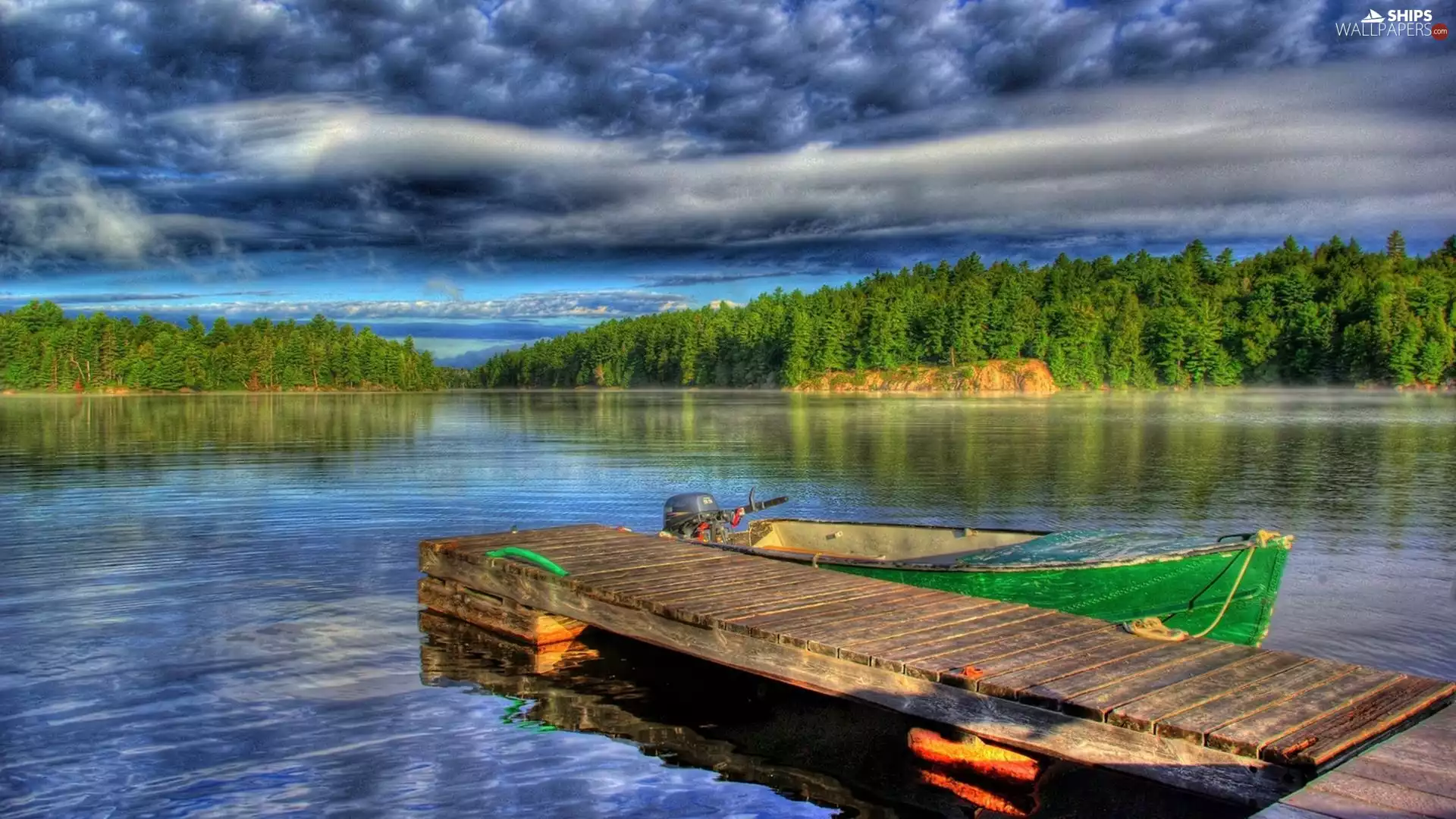 trees, viewes, Platform, Boat, lake