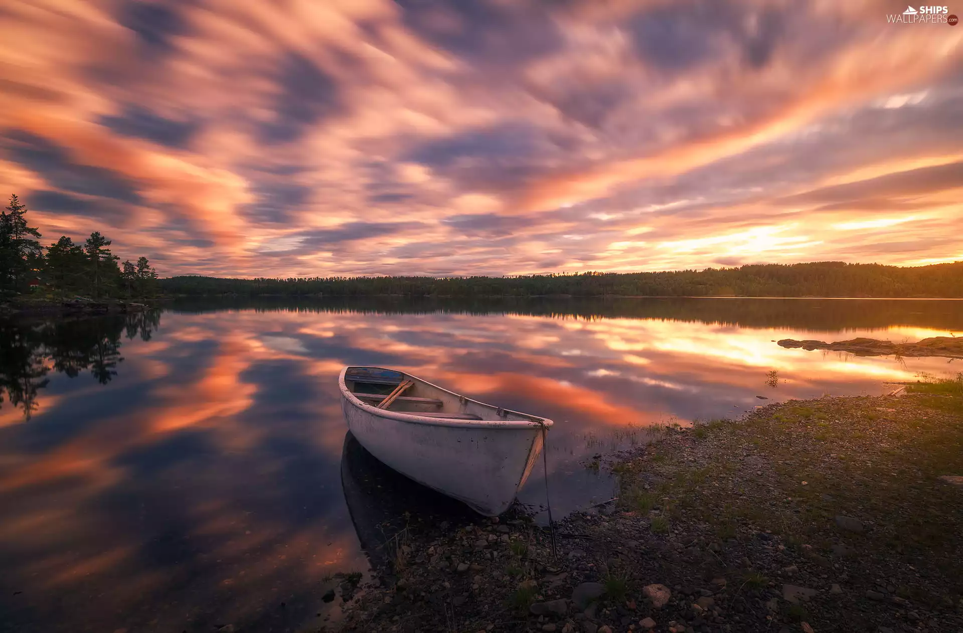lake, west, trees, viewes, Boat, sun