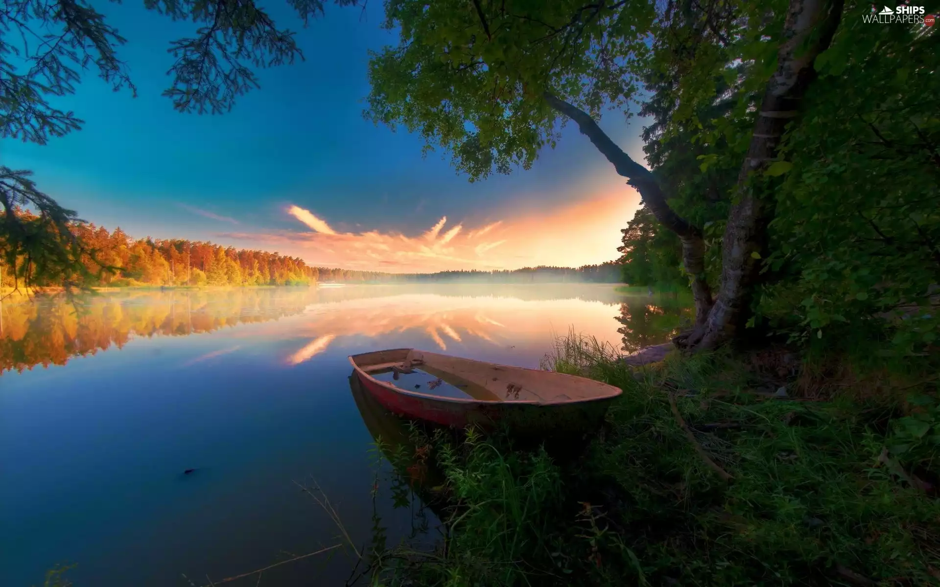 Boat, lake, trees, viewes, forest, Sunrise