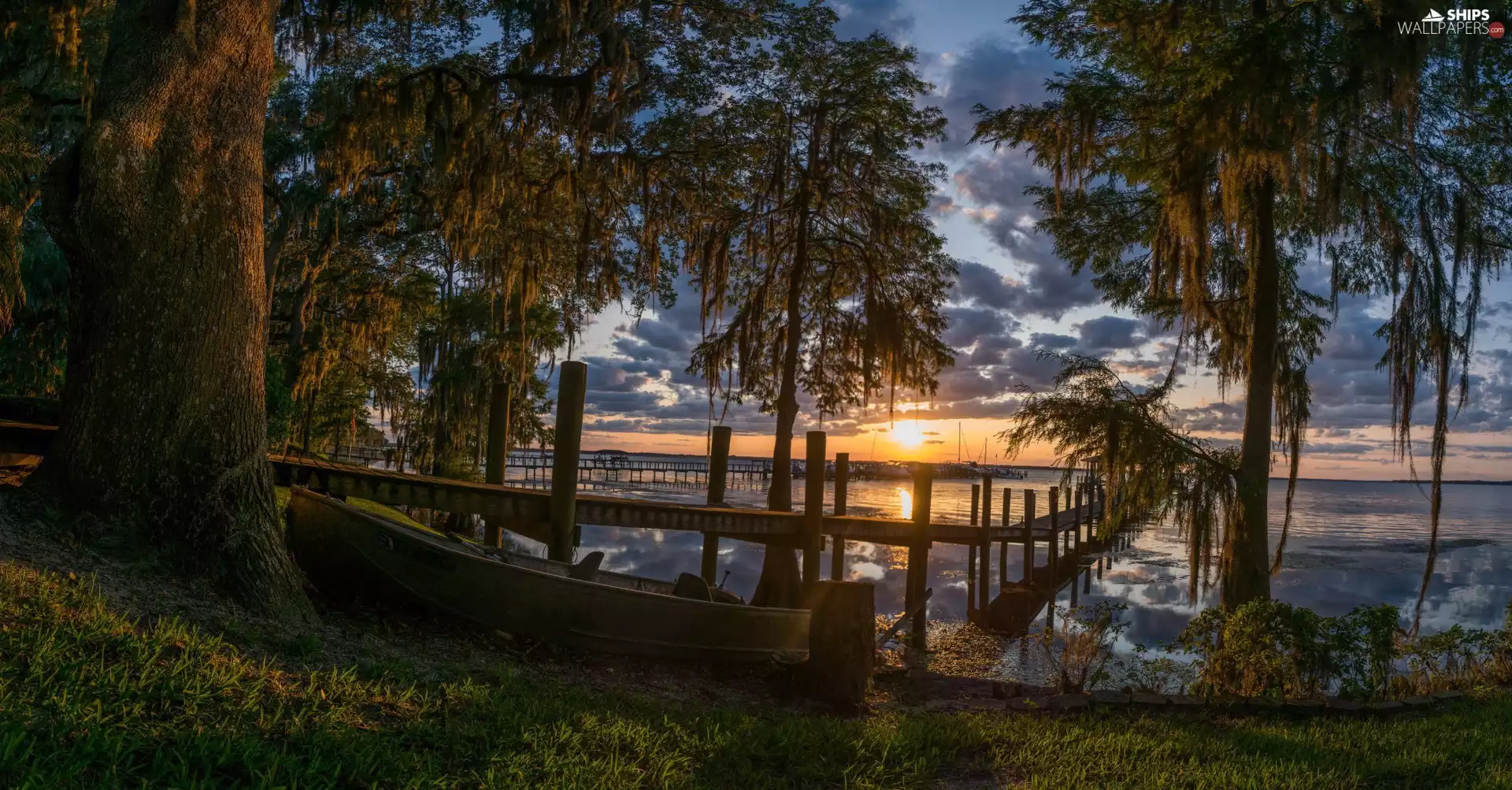 Platform, trees, Sunrise, viewes, lake, Boat, clouds