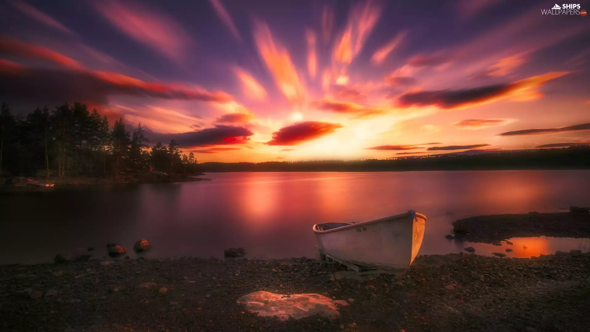 clouds, Great Sunsets, viewes, Boat, trees, lake