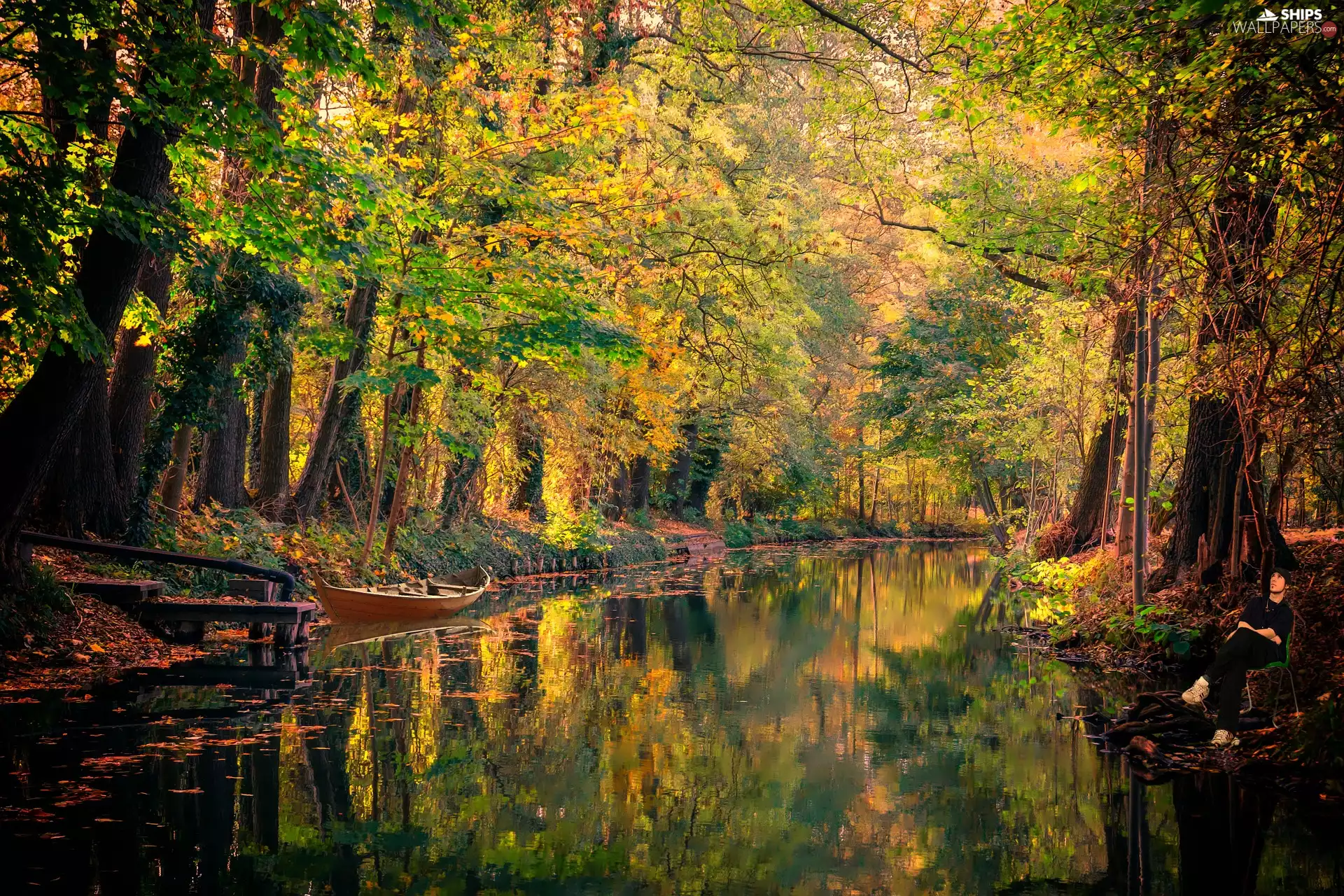 Boat, Pond - car, viewes, autumn, trees