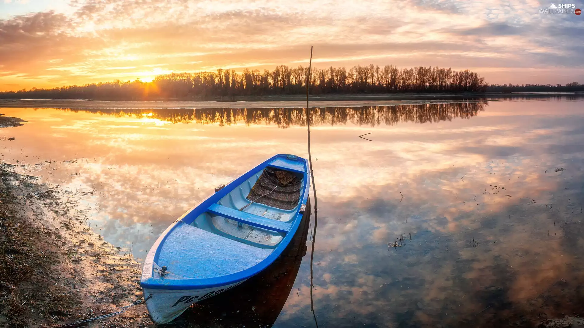 Boat, lake, trees, viewes, Great Sunsets, Blue