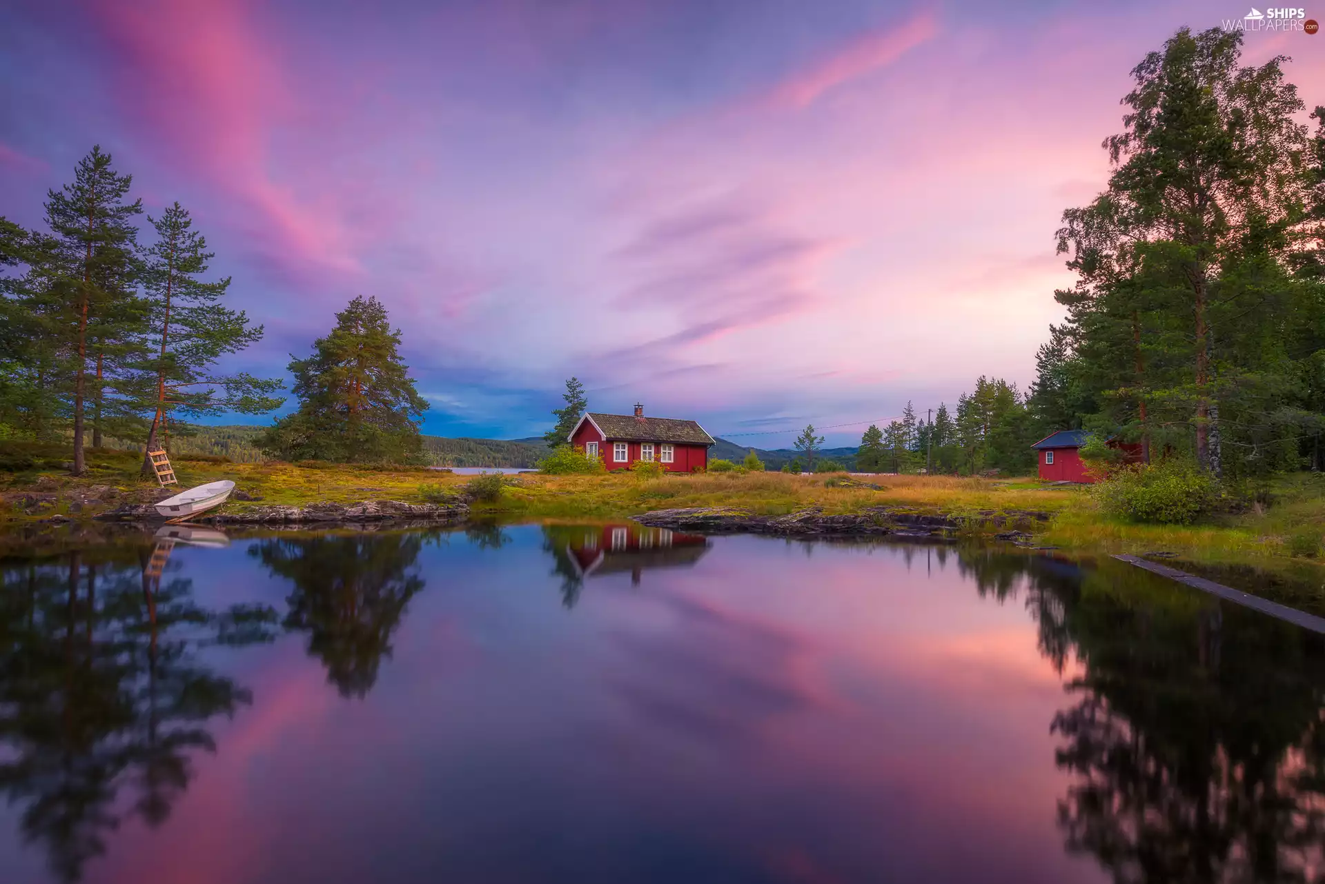 Boat, Ringerike, trees, Vaeleren Lake, Norway, house, viewes