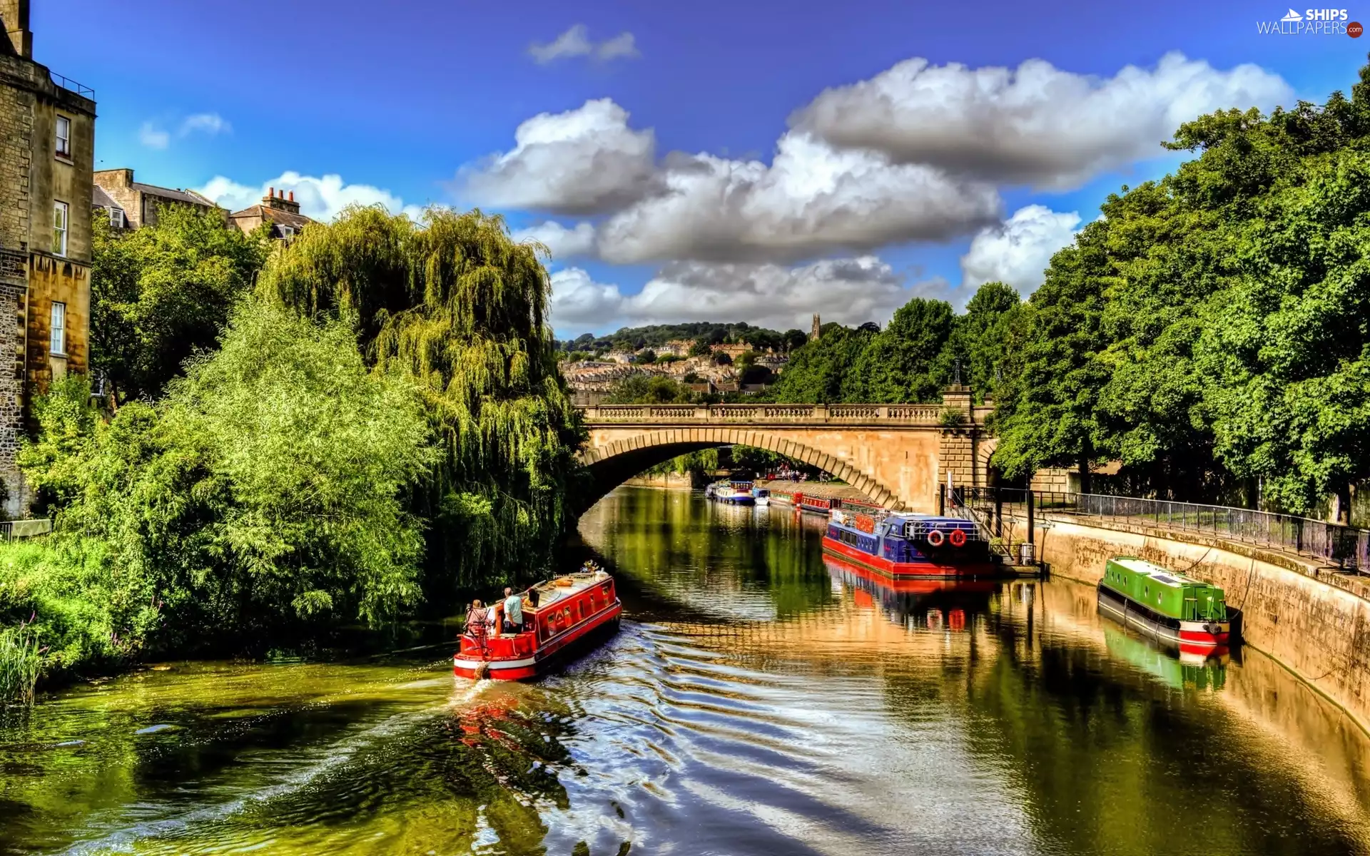 bridge, River, trees, viewes, apartment house, Boats