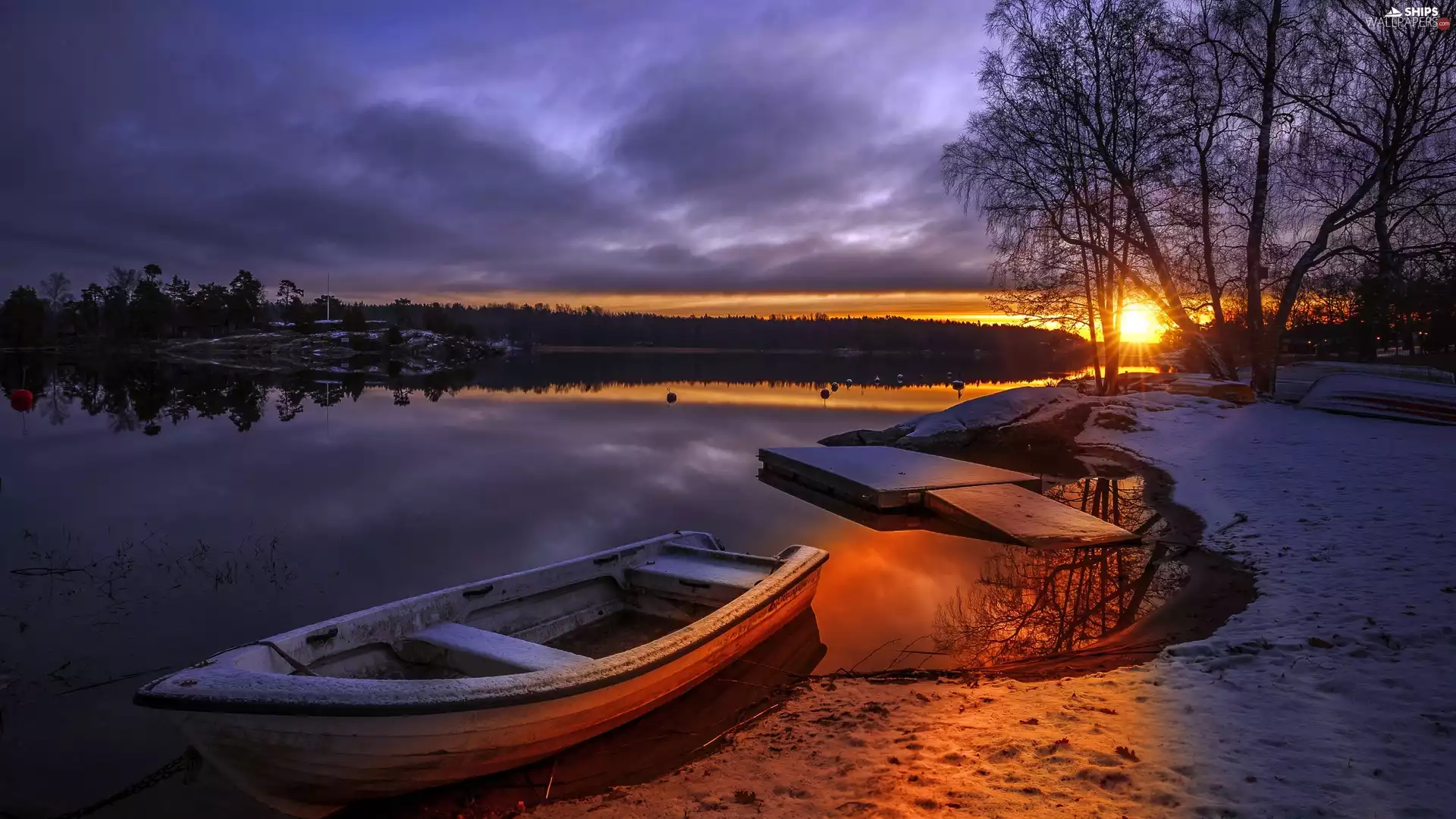 lake, snow, trees, Great Sunsets, winter, boats, viewes