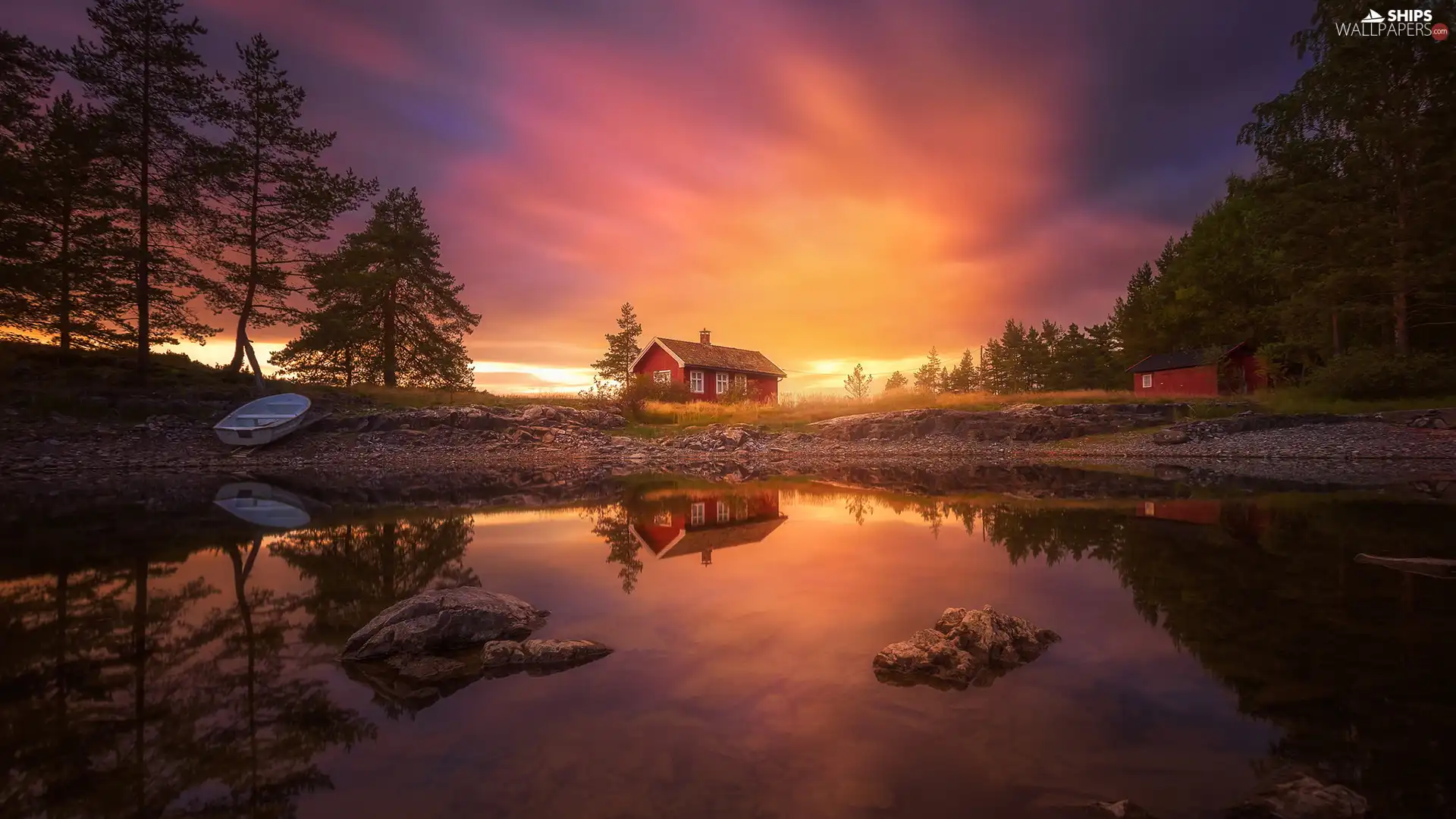 trees, viewes, Boat, lake, house, Ringerike, Norway, Sunrise