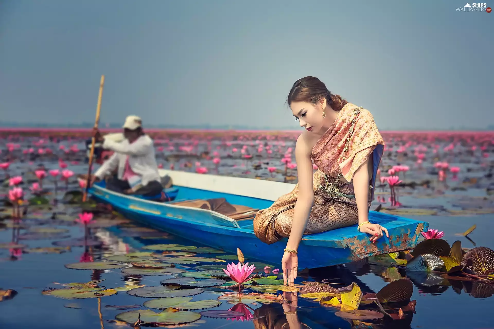 lilies, water, Boat, Women, lake