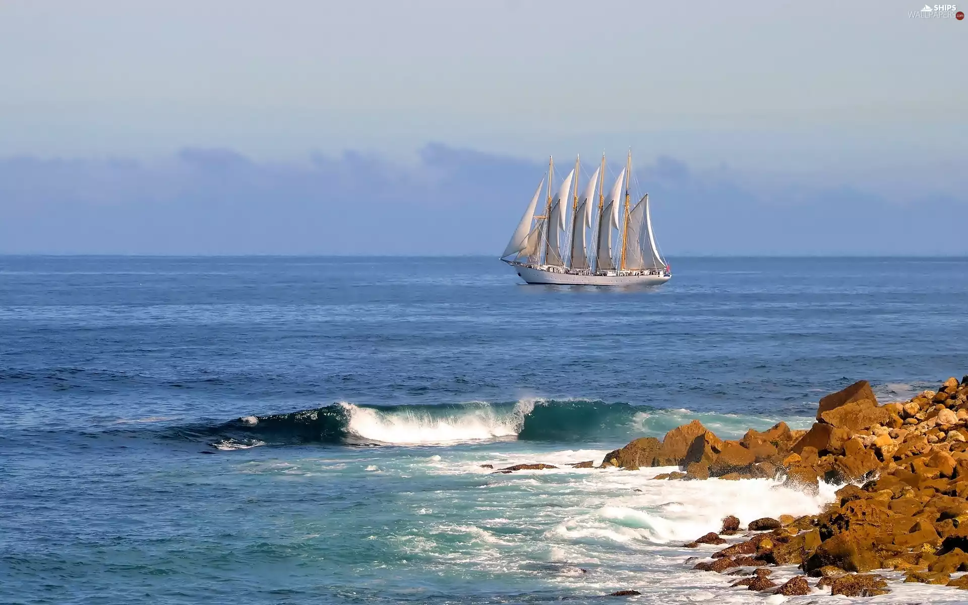 sailing vessel, Stones, Waves, Atlantic Ocean