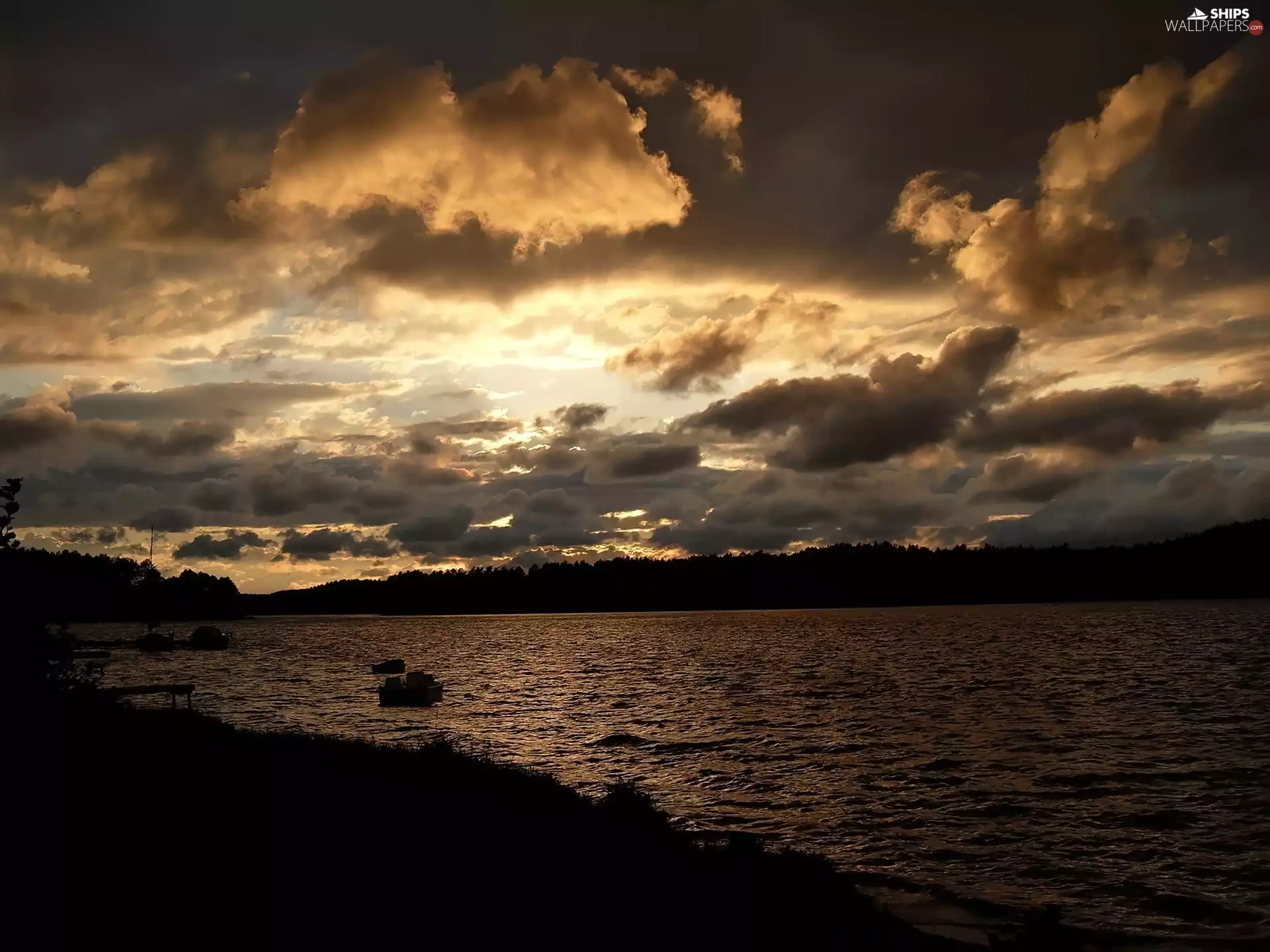 Waves, clouds, forest, light breaking through sky, Boat, lake