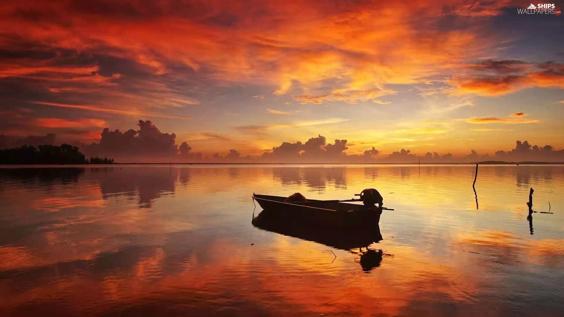lake, sun, Boat, west