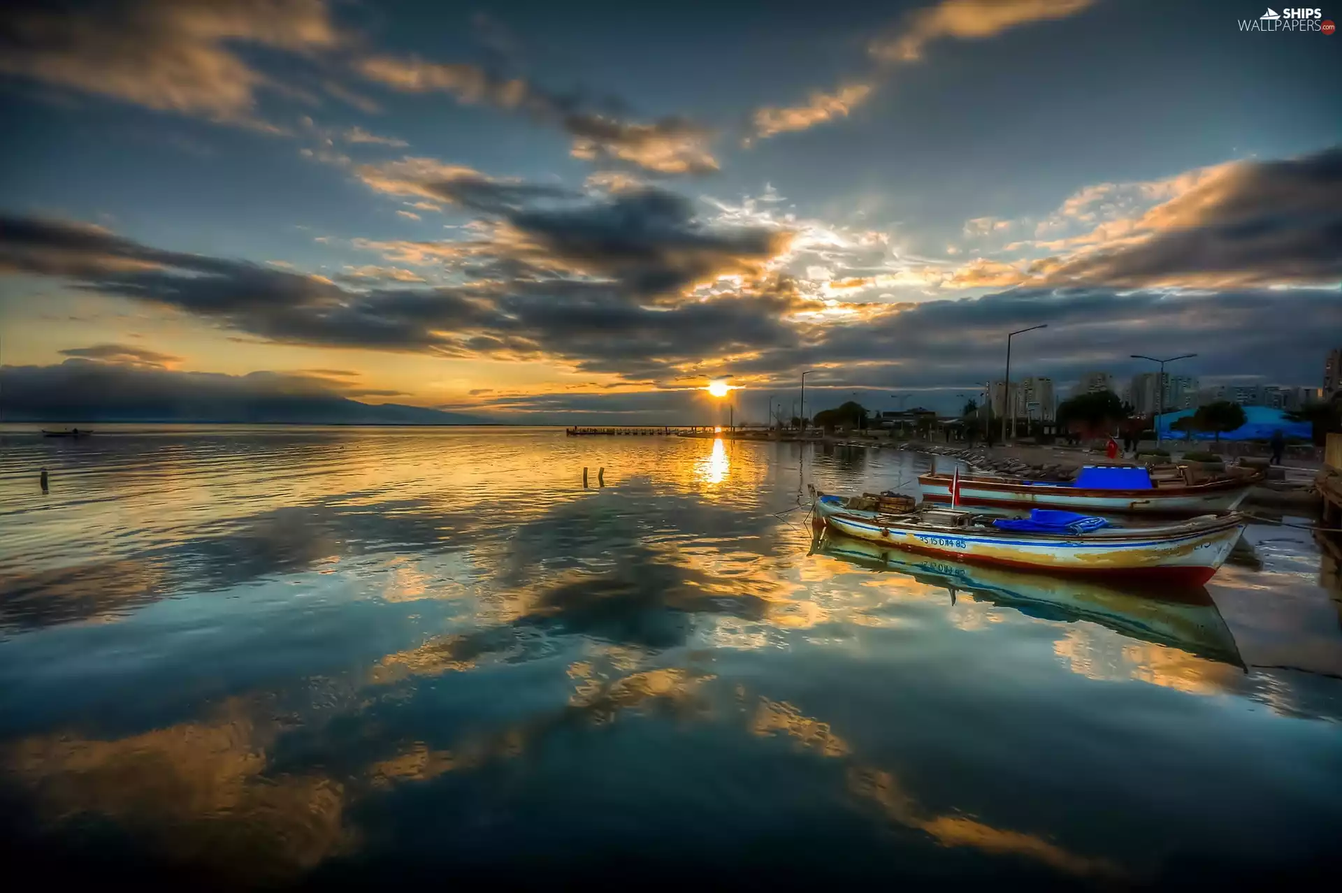 sun, sea, People, west, Boats, coast, reflection