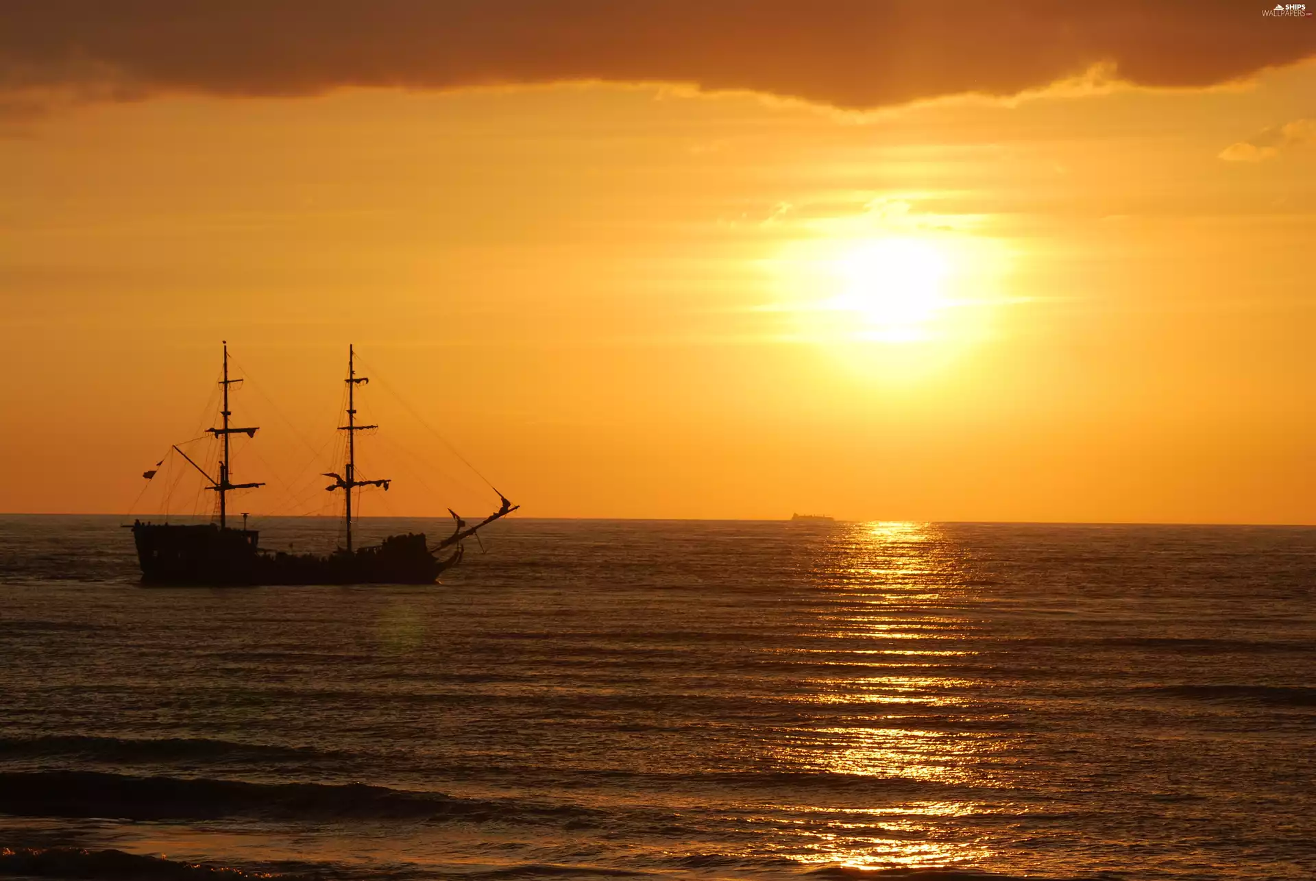 sailing vessel, Leba, west, sun, sea