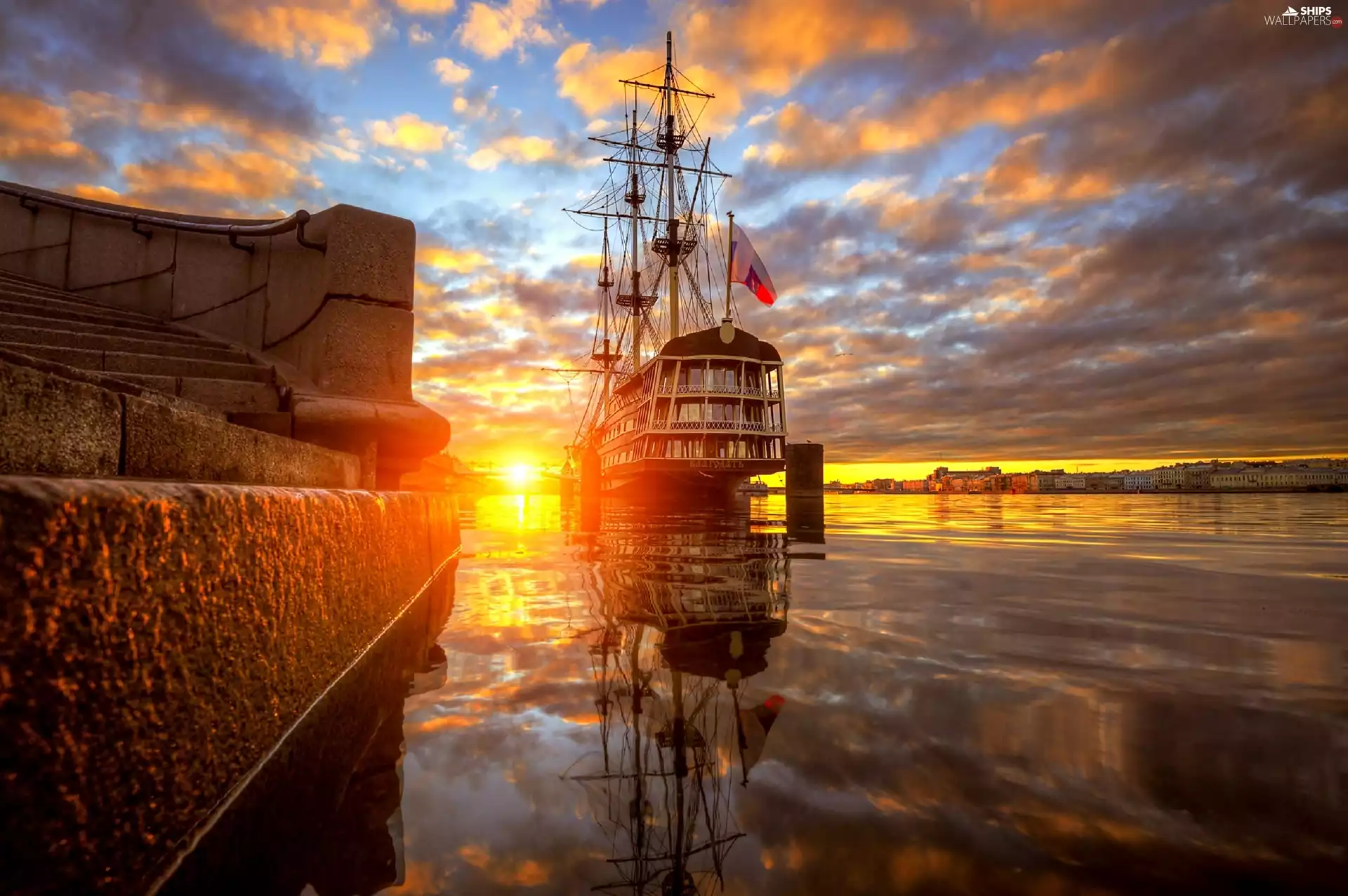 sailing vessel, reflection, west, sun, sea