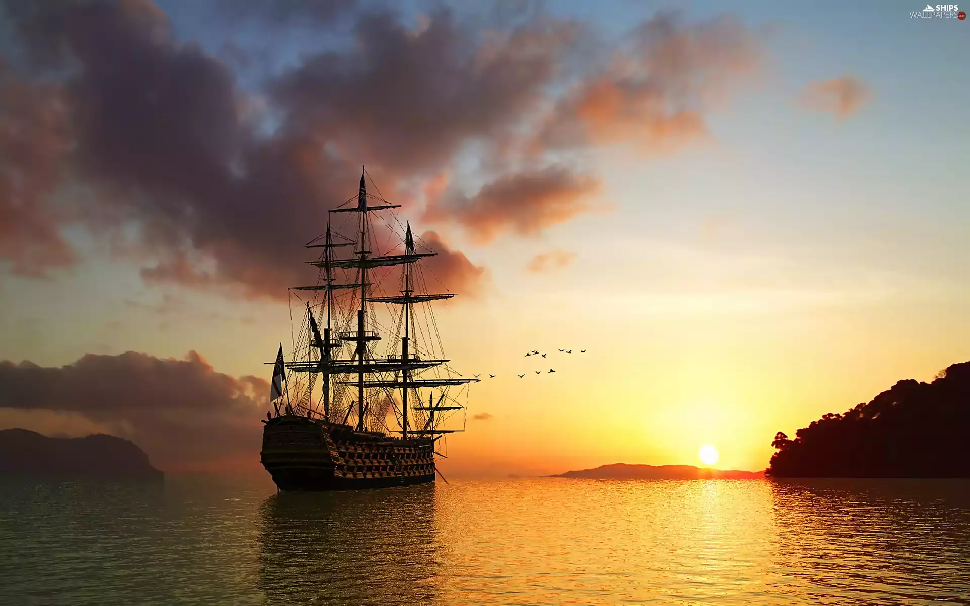 sun, sailing vessel, west