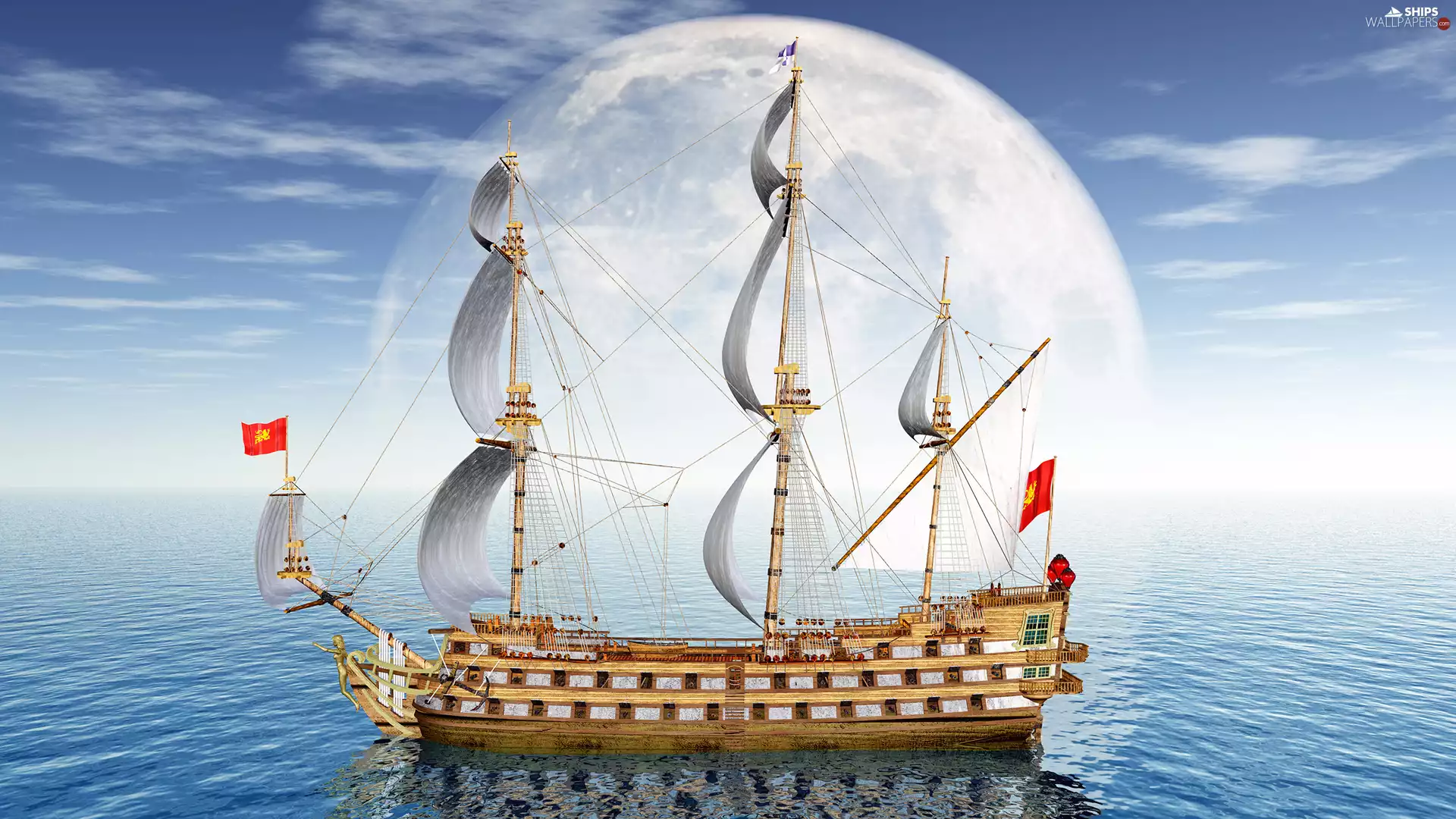White, sea, moon, sailing vessel, 2D Graphics, sails, Sky