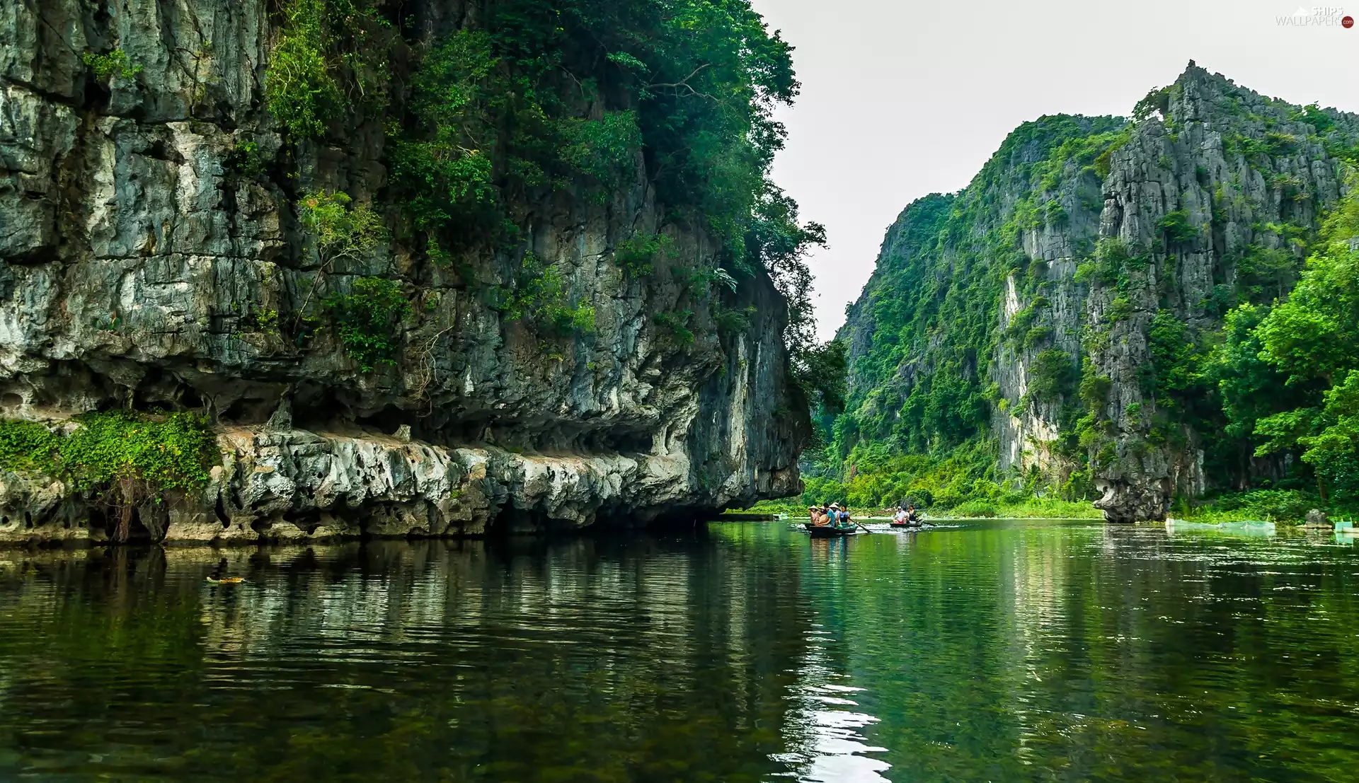 boats, Wietnam, rocks, Tourists, River