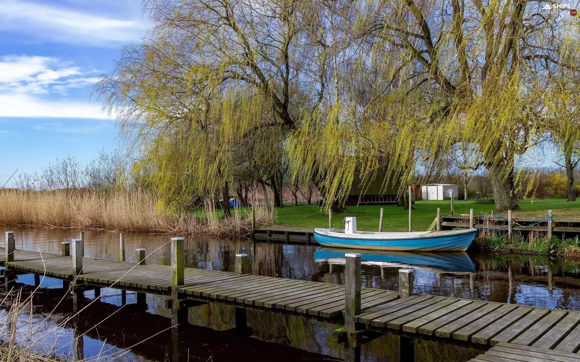 Boat, trees, Spring, viewes, grass, Platform, lake, willow