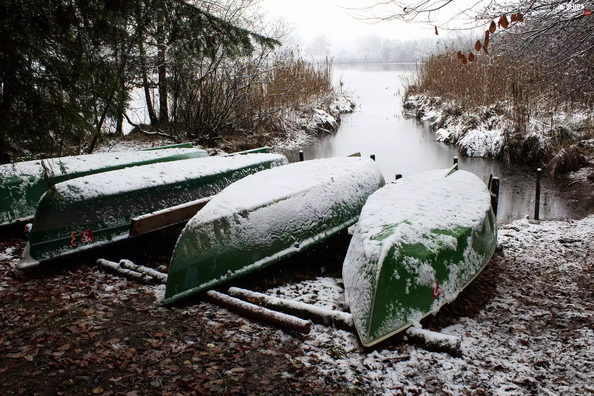 lake, boats, coast, winter