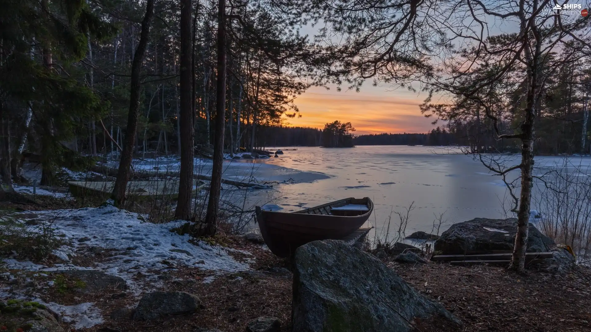 viewes, lake, Sunrise, winter, Boat, trees