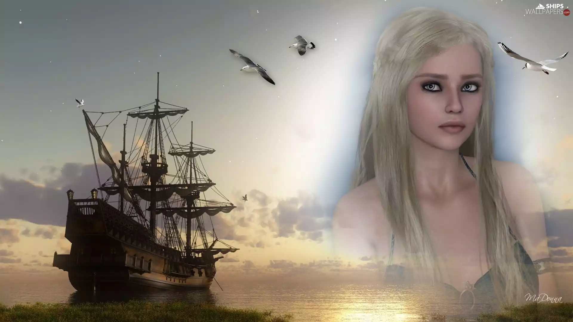 birds, sailing vessel, Women