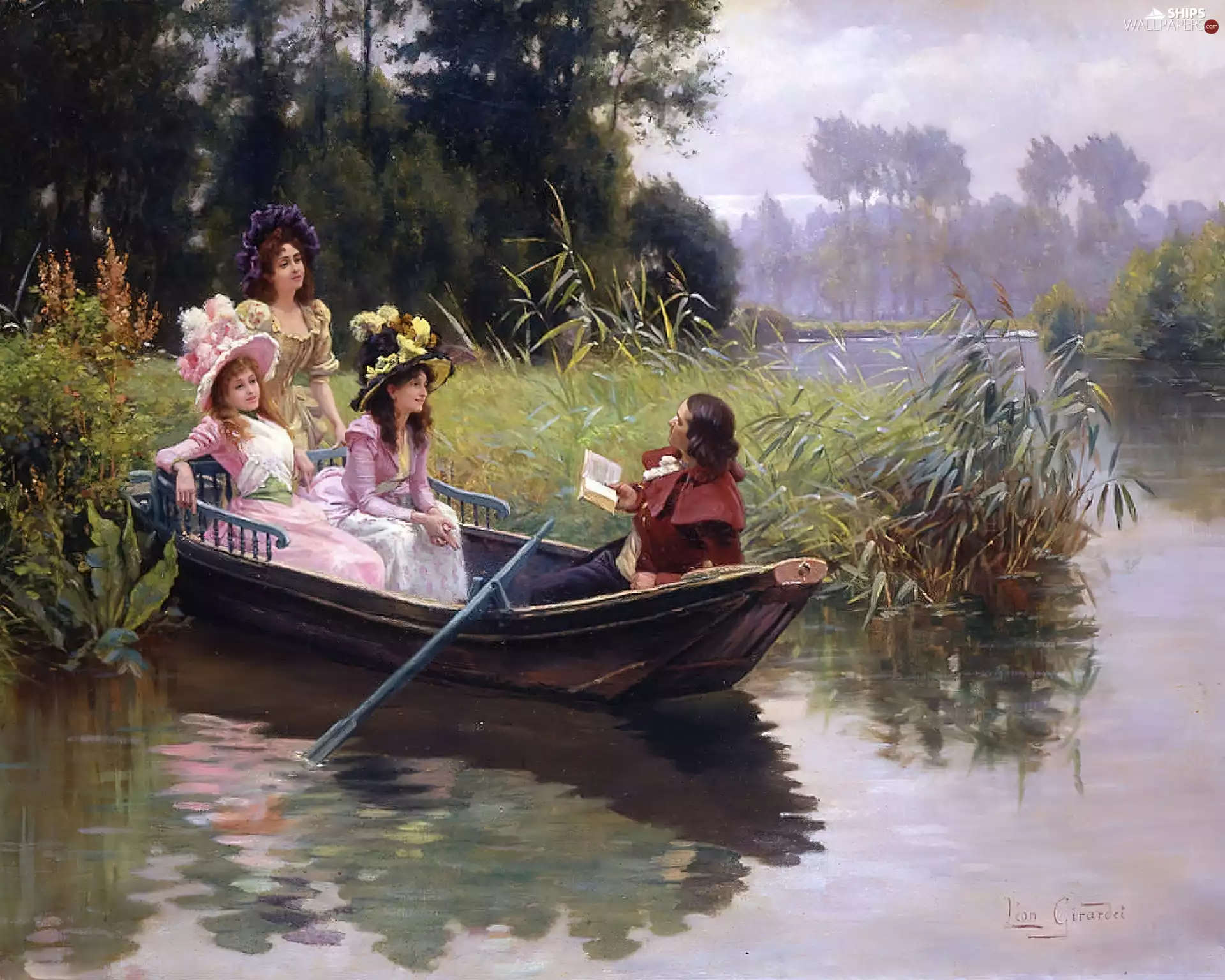 Pond - car, Boat, Womens, a man, Two
