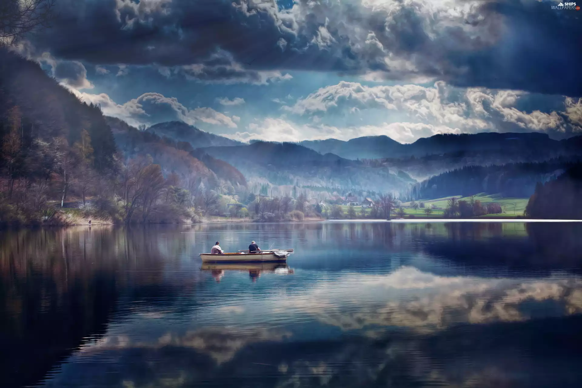Houses, Mountains, Anglers, woods, lake, clouds, Boat