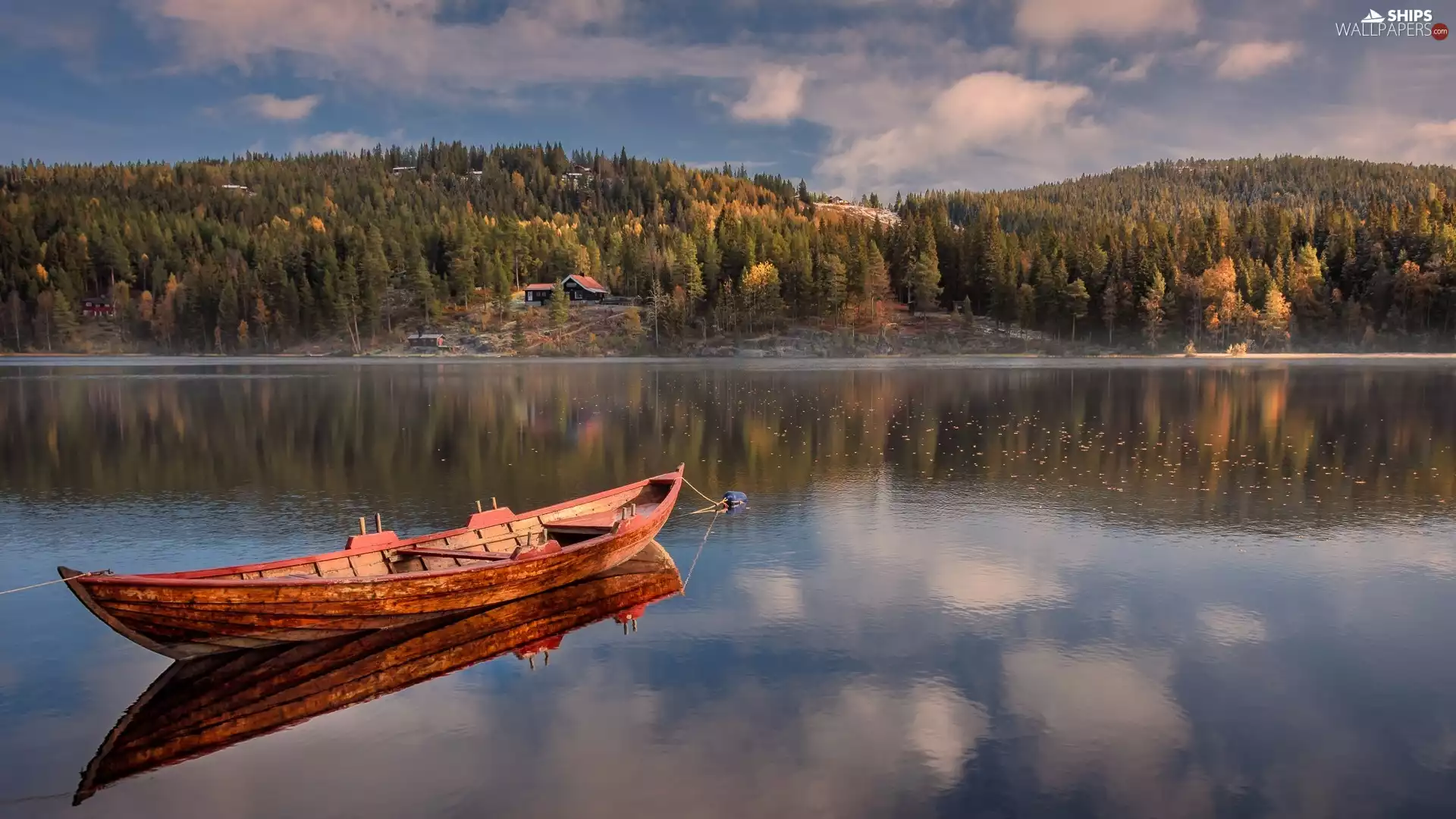 woods, lake, trees, viewes, Ringerike, Norway, Houses, clouds, Boat