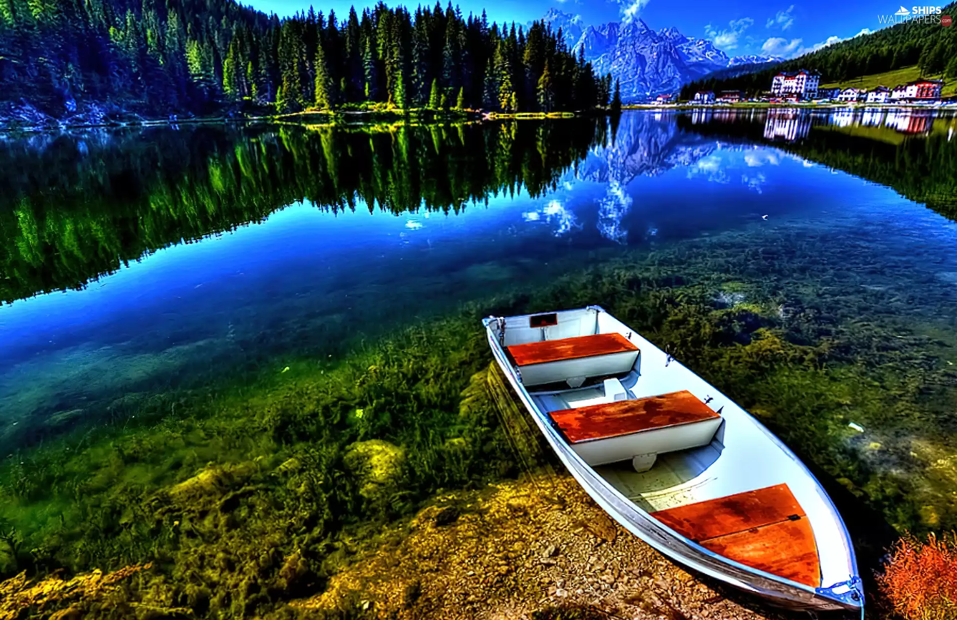 Mountains, River, Boat, woods