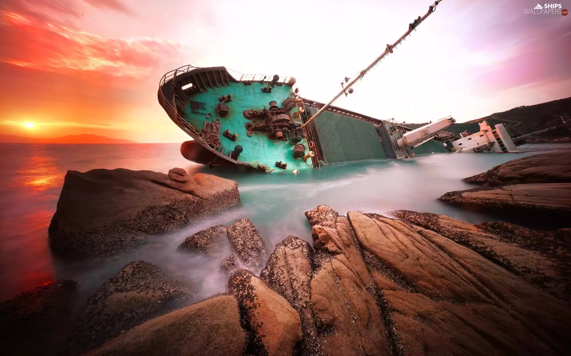 wreck, sea, rocks