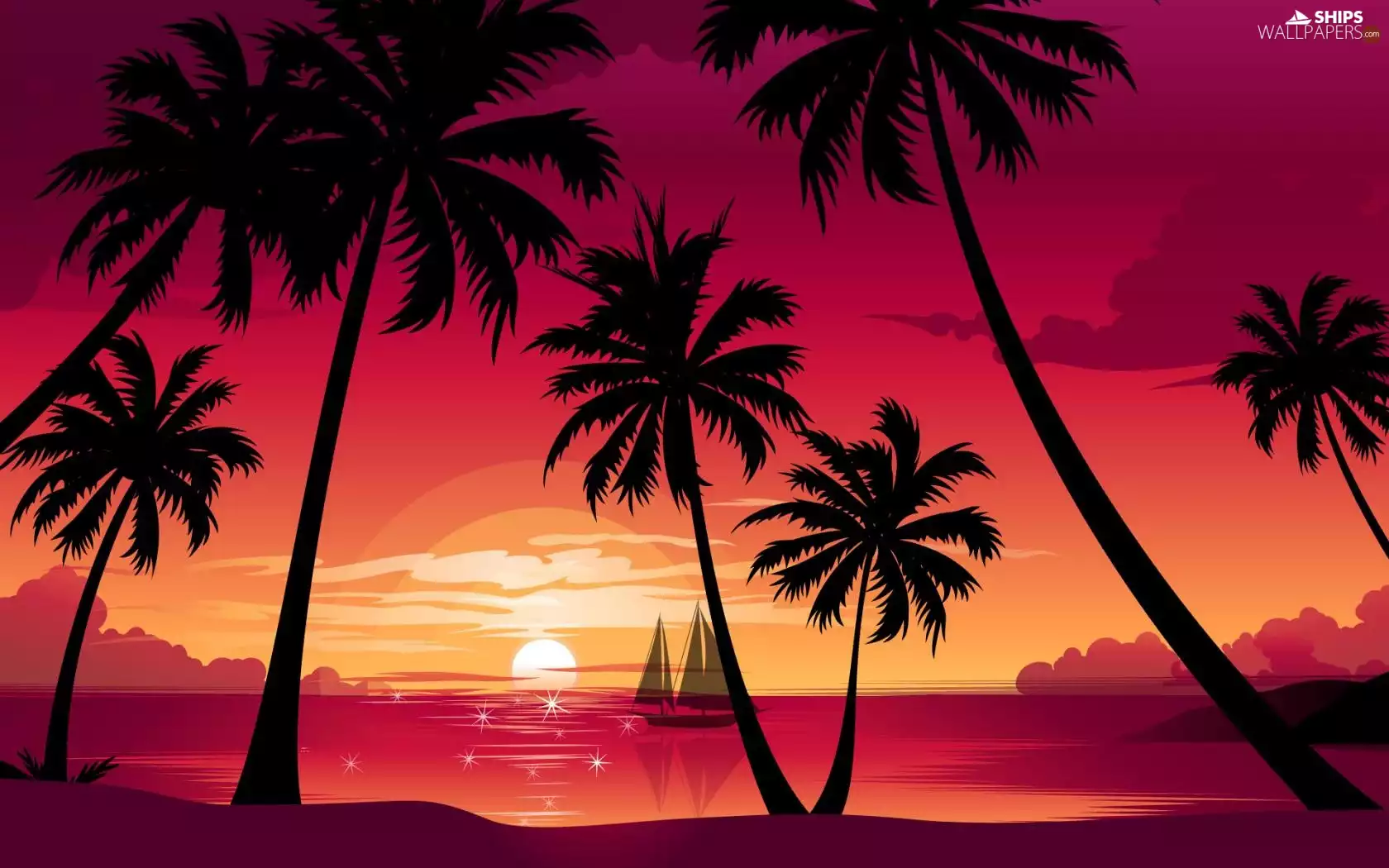 Palms, Yacht, Great Sunsets, lake
