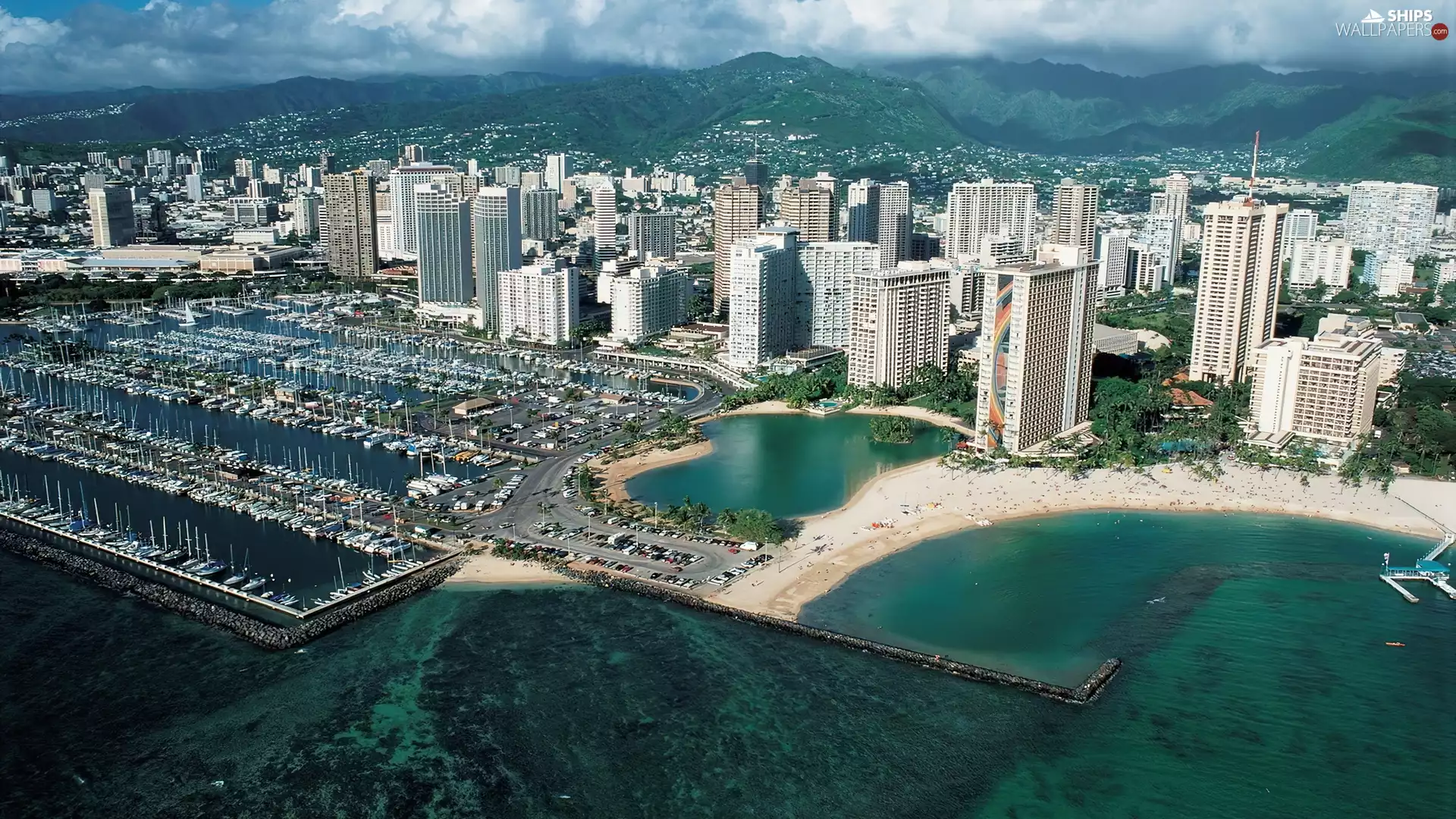 Harbour, skyscrapers, Beaches, Yachts