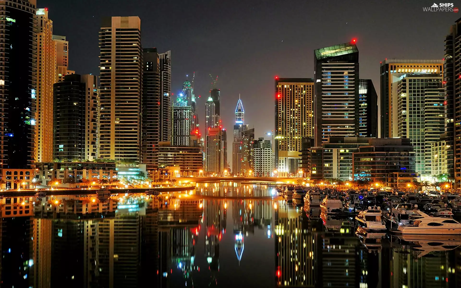 skyscrapers, Dubaj, sea, Yachts, clouds, night