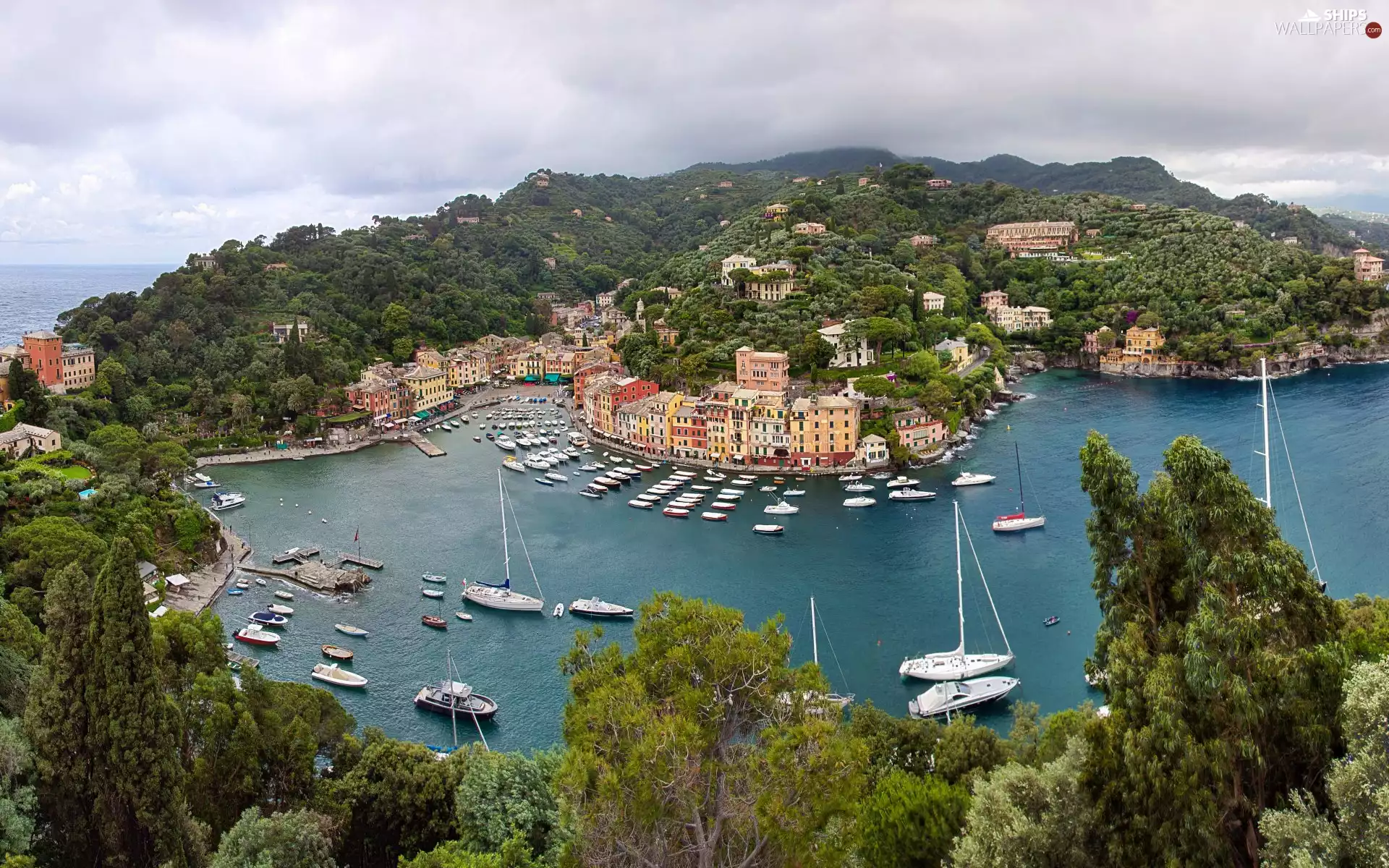 Houses, Yachts, sea, Gulf, Mountains