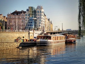 Prague, curves, bridge, Barges, River, Houses