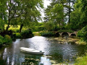 trees, Pond, Boat, green, viewes, bridges