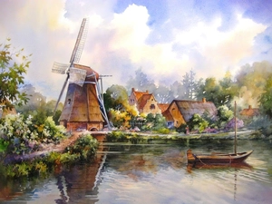 Boat, Houses, Windmill, River, picture