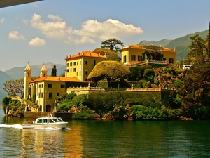 lake, villa, Motor boat