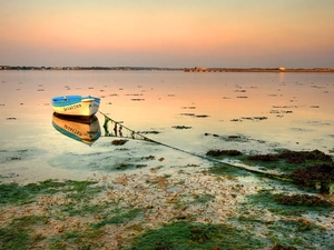 lake, sun, Boat, west