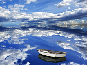 Boat, reflection, Sky, lake, clouds